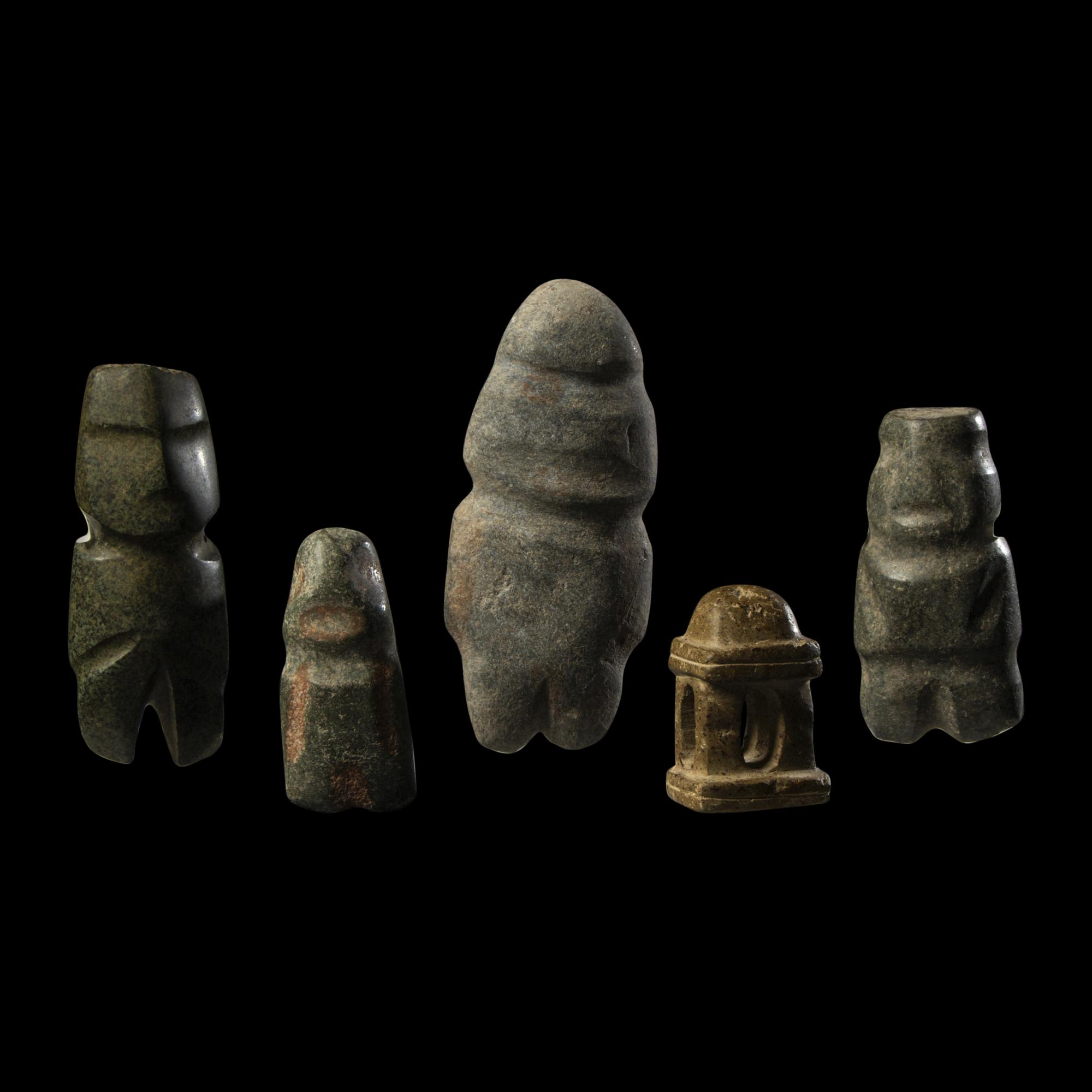 Four Mezcala Greenstone Standing Figures and a Temple