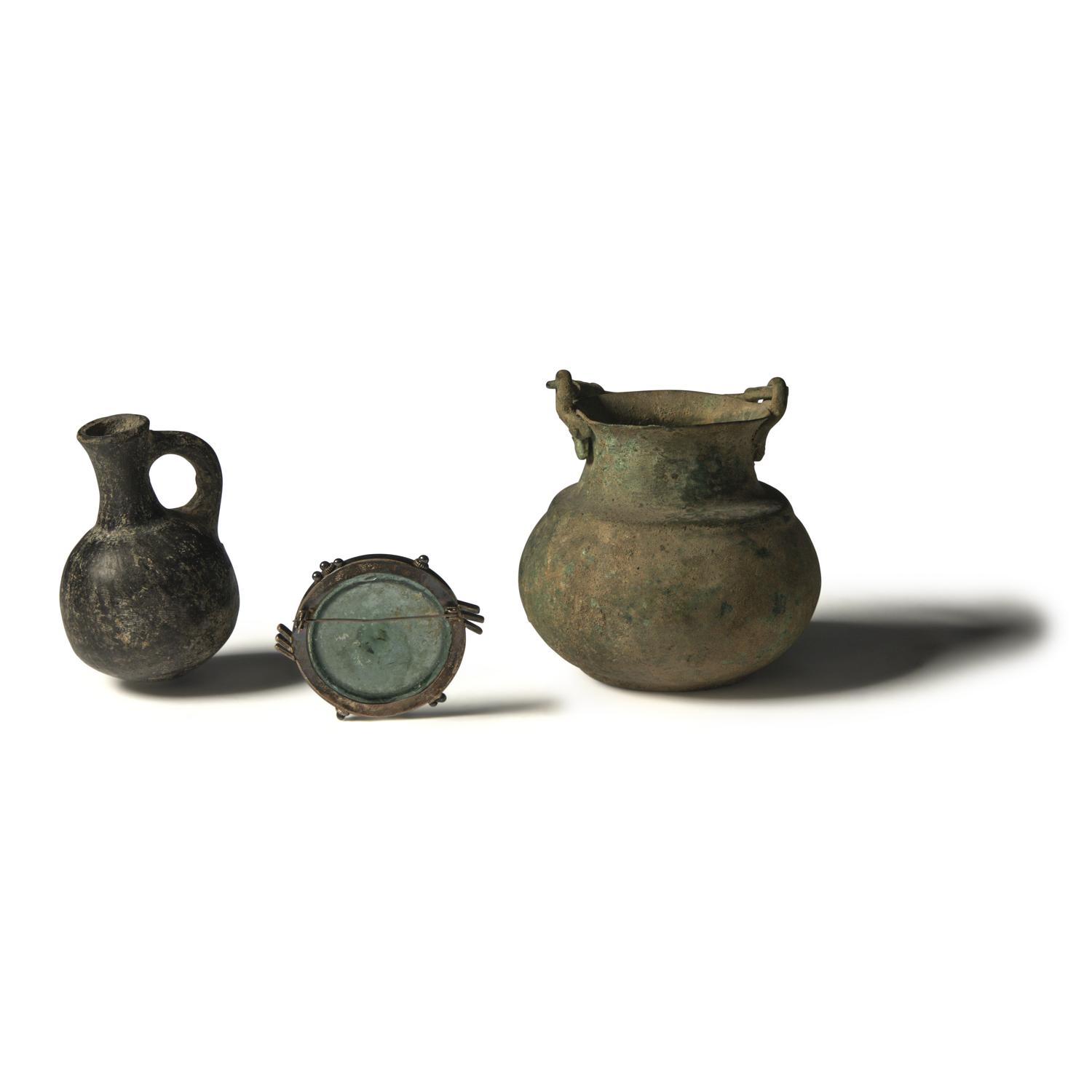 Three Roman Terracotta, Bronze, and Glass Vessels