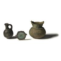 Three Roman Terracotta, Bronze, and Glass Vessels