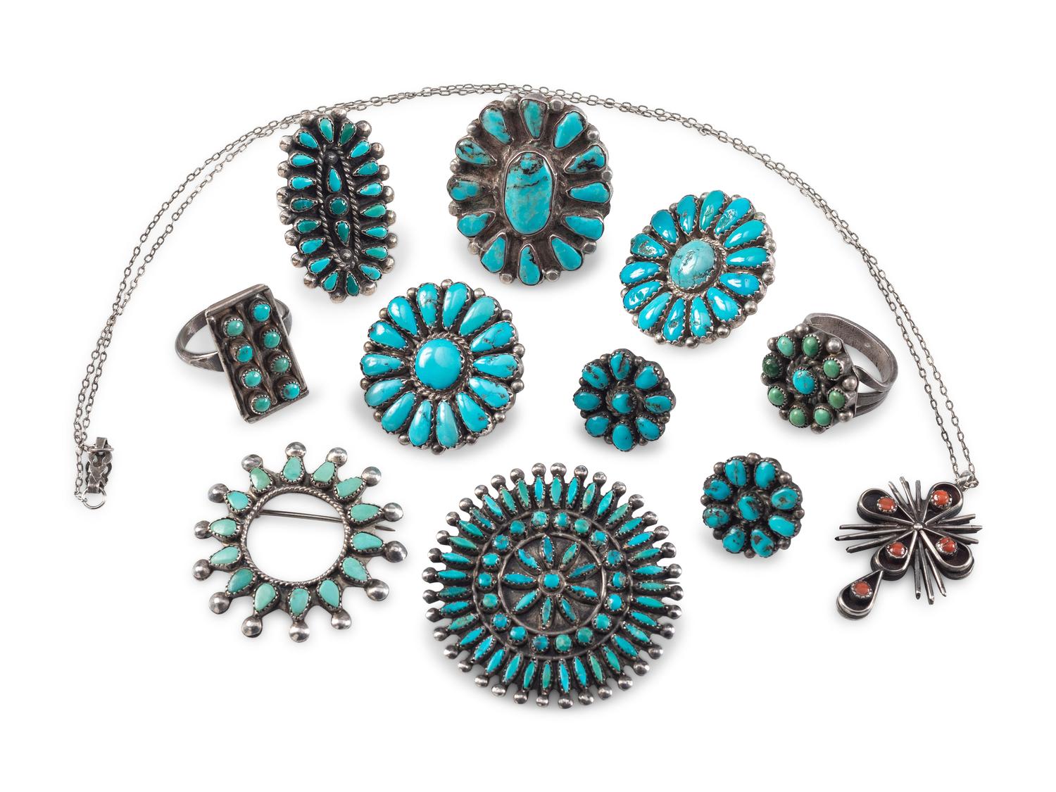 Zuni or Navajo Silver and Petit Point Cluster Turquoise Jewelry