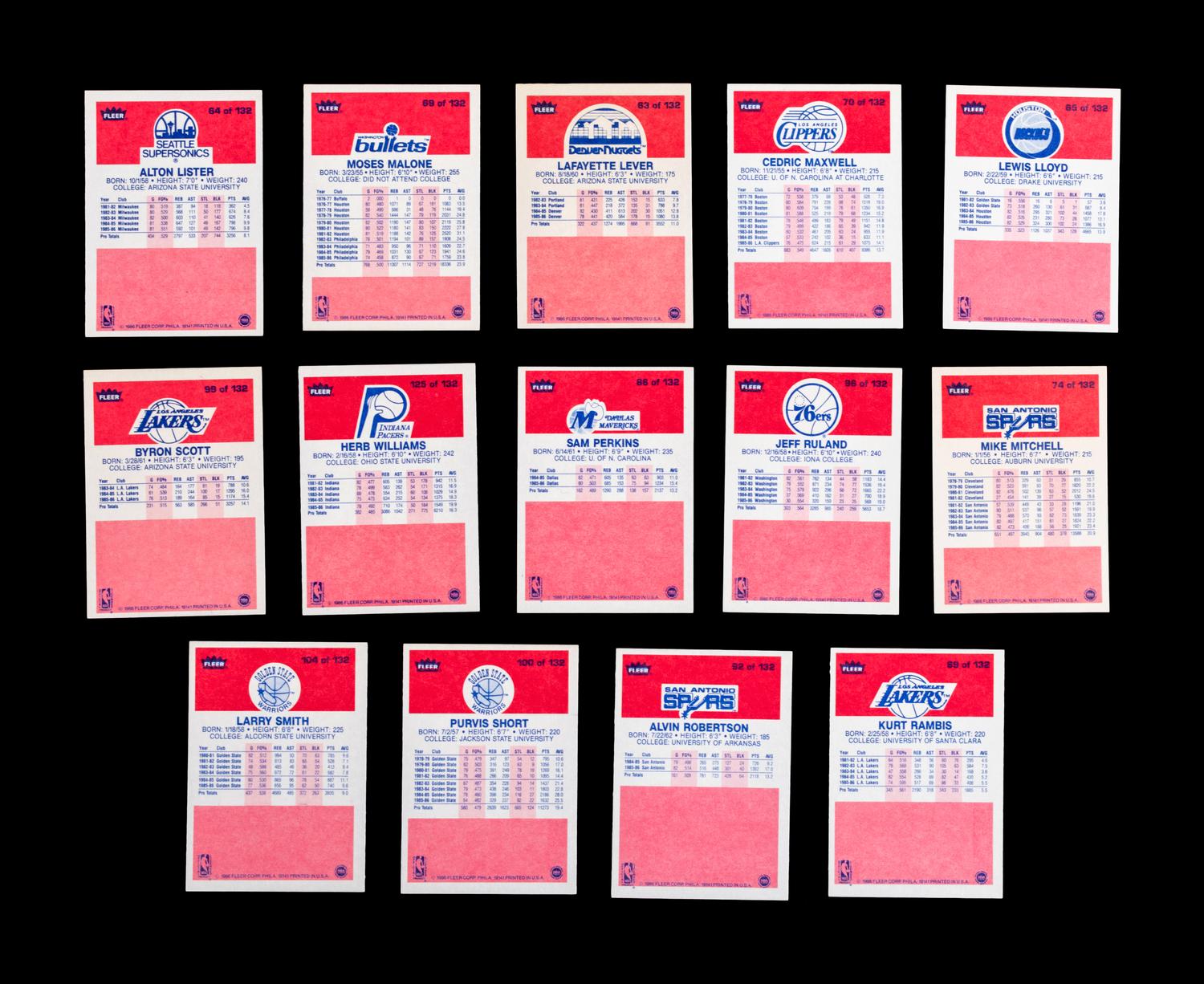 A Group of 54 1986 Fleer Basketball Cards, Including a Patrick Ewing Rookie No. 32, and Two Stickers