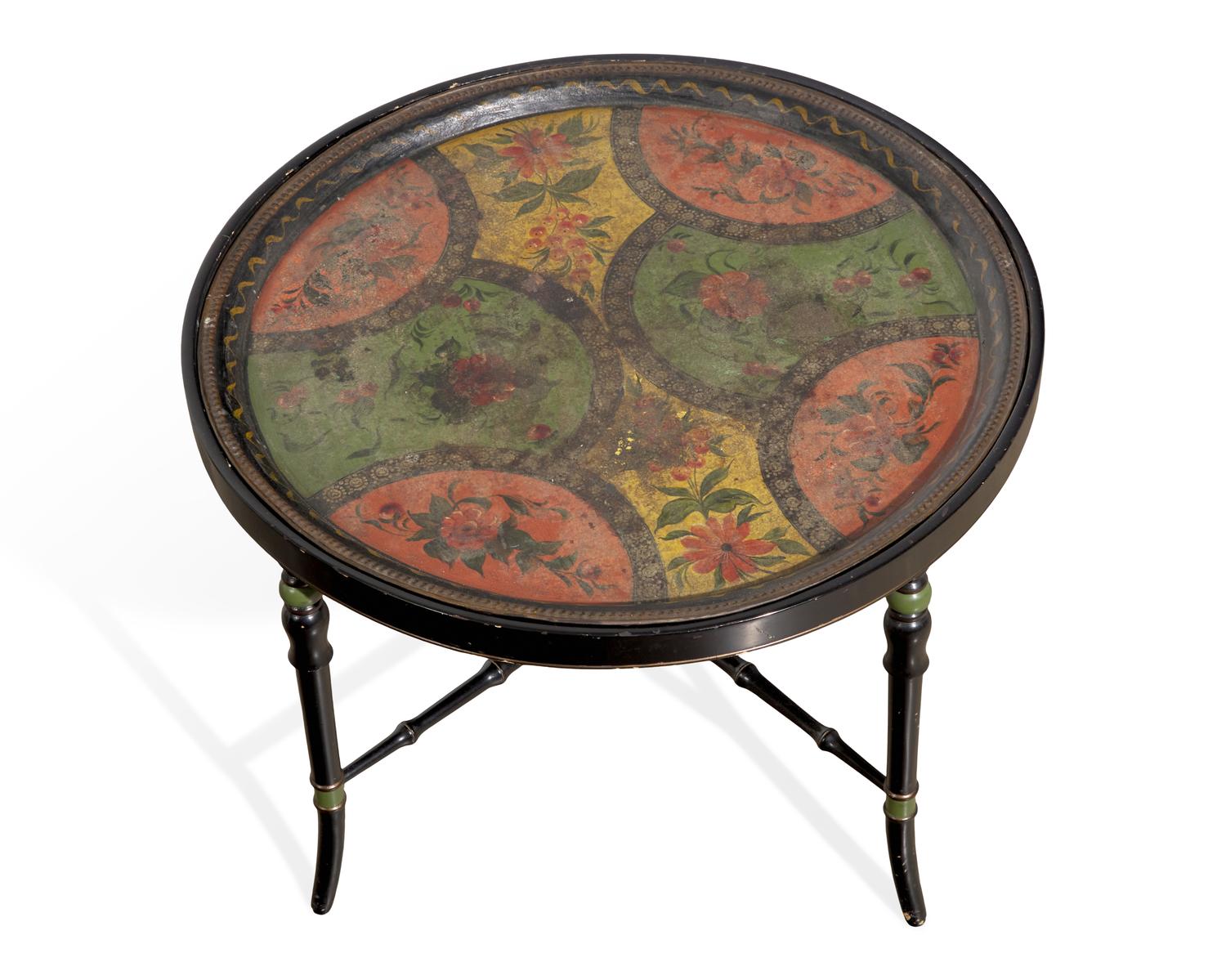 A Tole-Decorated Tinware Tray on Later Painted Wood Base
