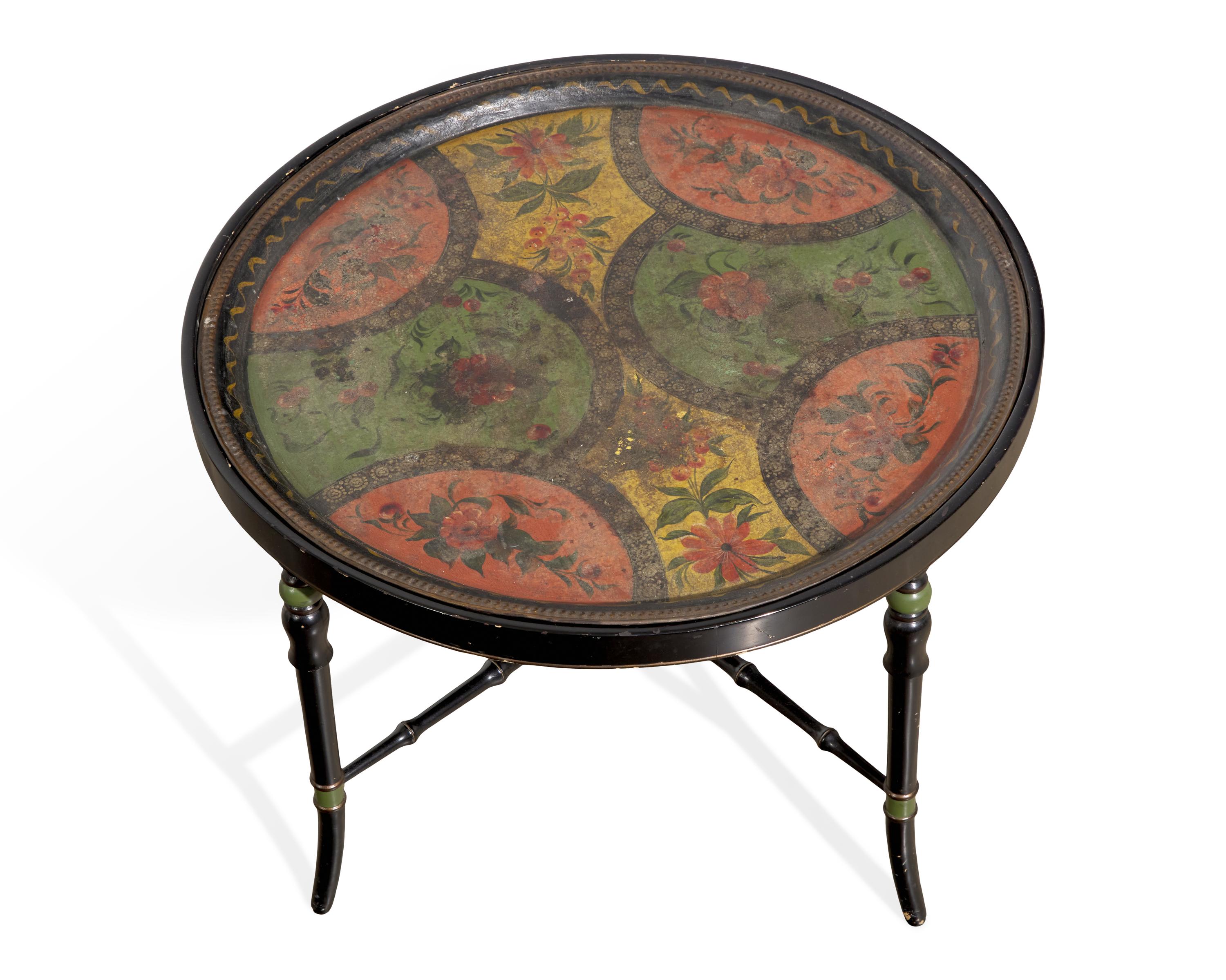 A Tole-Decorated Tinware Tray on Later Painted Wood Base