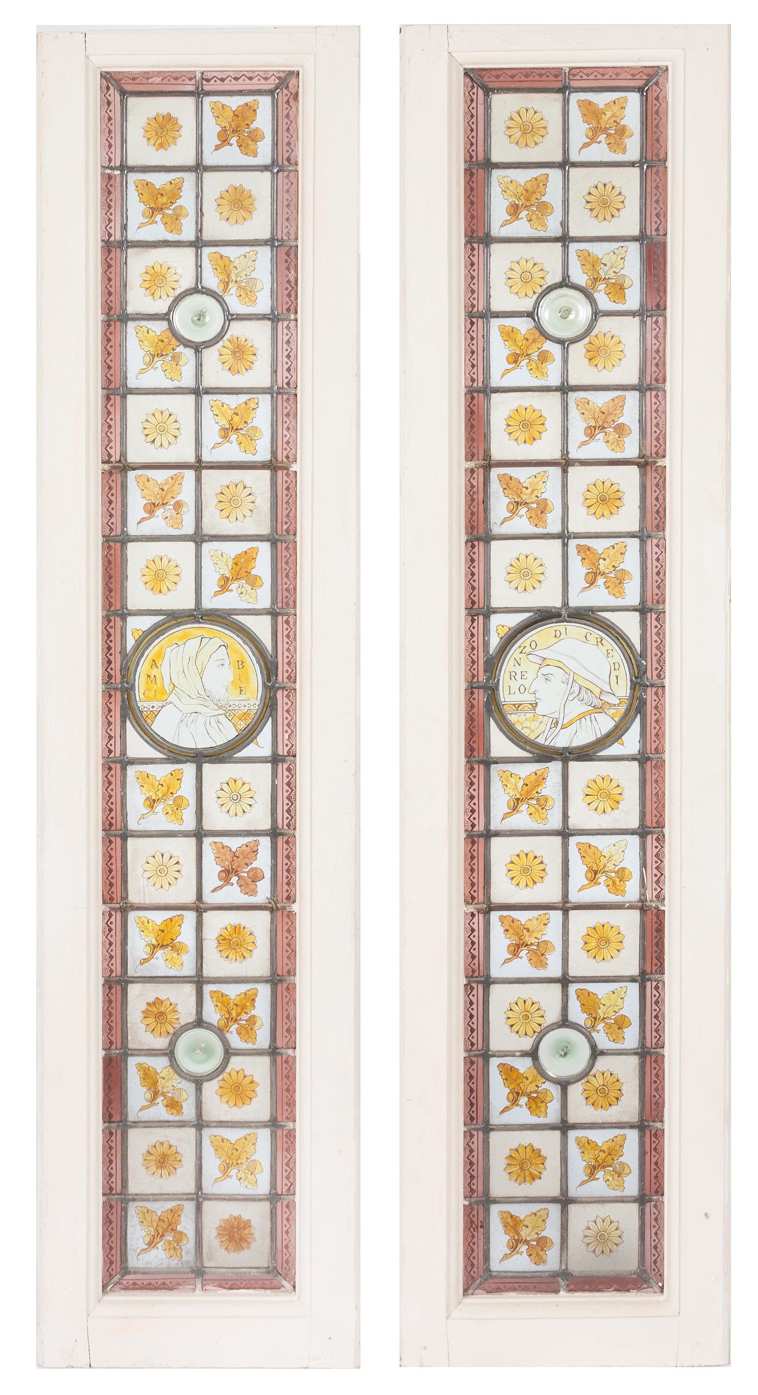 A Pair of Victorian Leaded and Stained Glass Panels 59 3/4 x 14 1/4 inches.