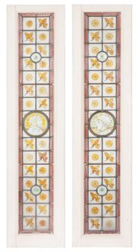 A Pair of Victorian Leaded and Stained Glass Panels 59 3/4 x 14 1/4 inches.