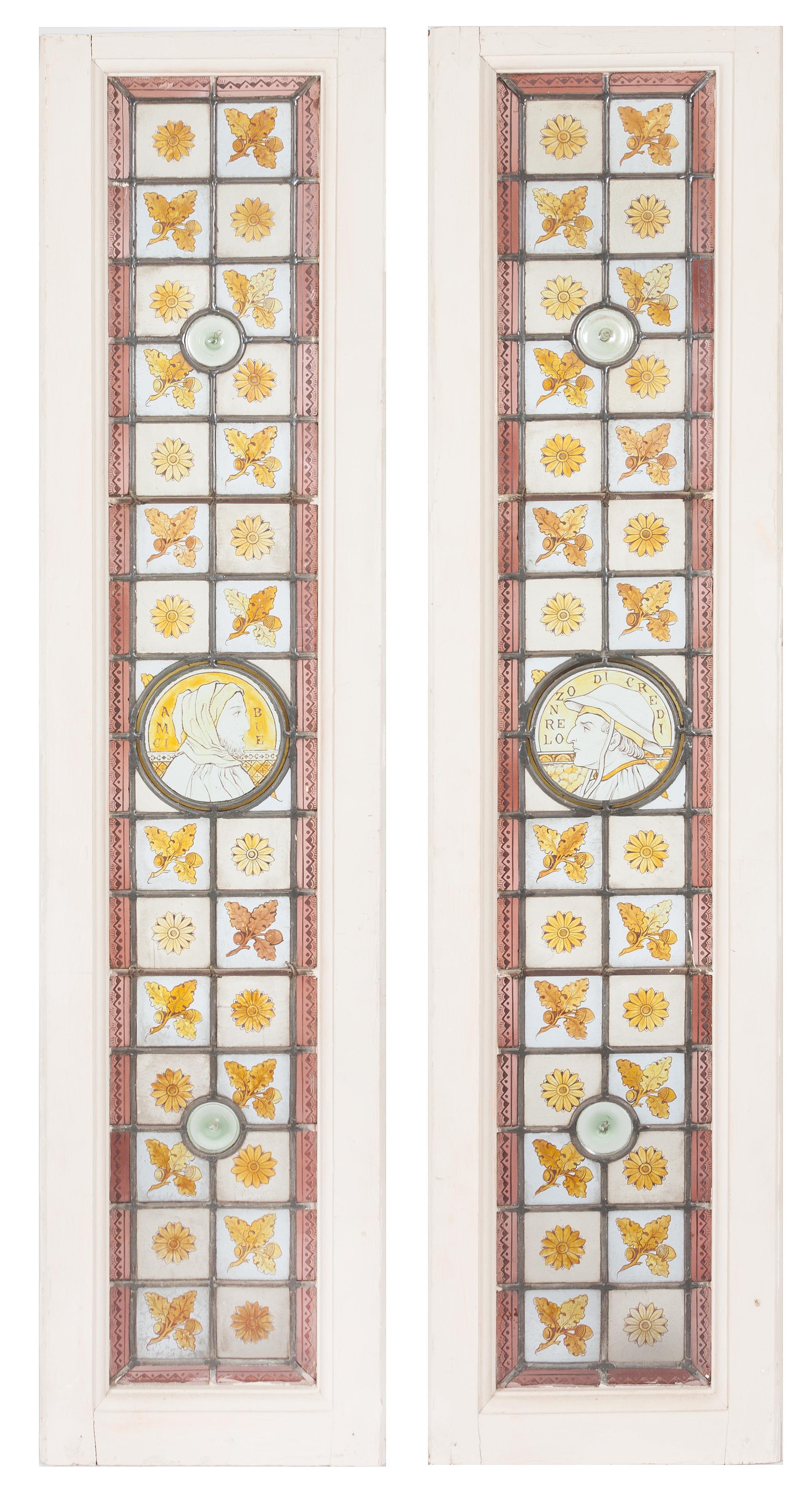 A Pair of Victorian Leaded and Stained Glass Panels 59 3/4 x 14 1/4 inches.