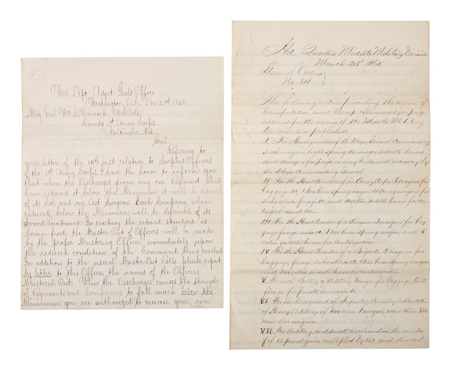 [CIVIL WAR]. 2 manuscript documents issued by Major General William S. Hancock.