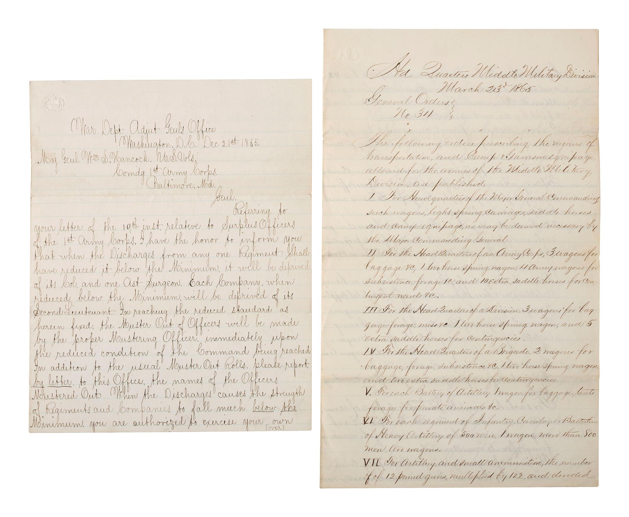 [CIVIL WAR]. 2 manuscript documents issued by Major General William S. Hancock.