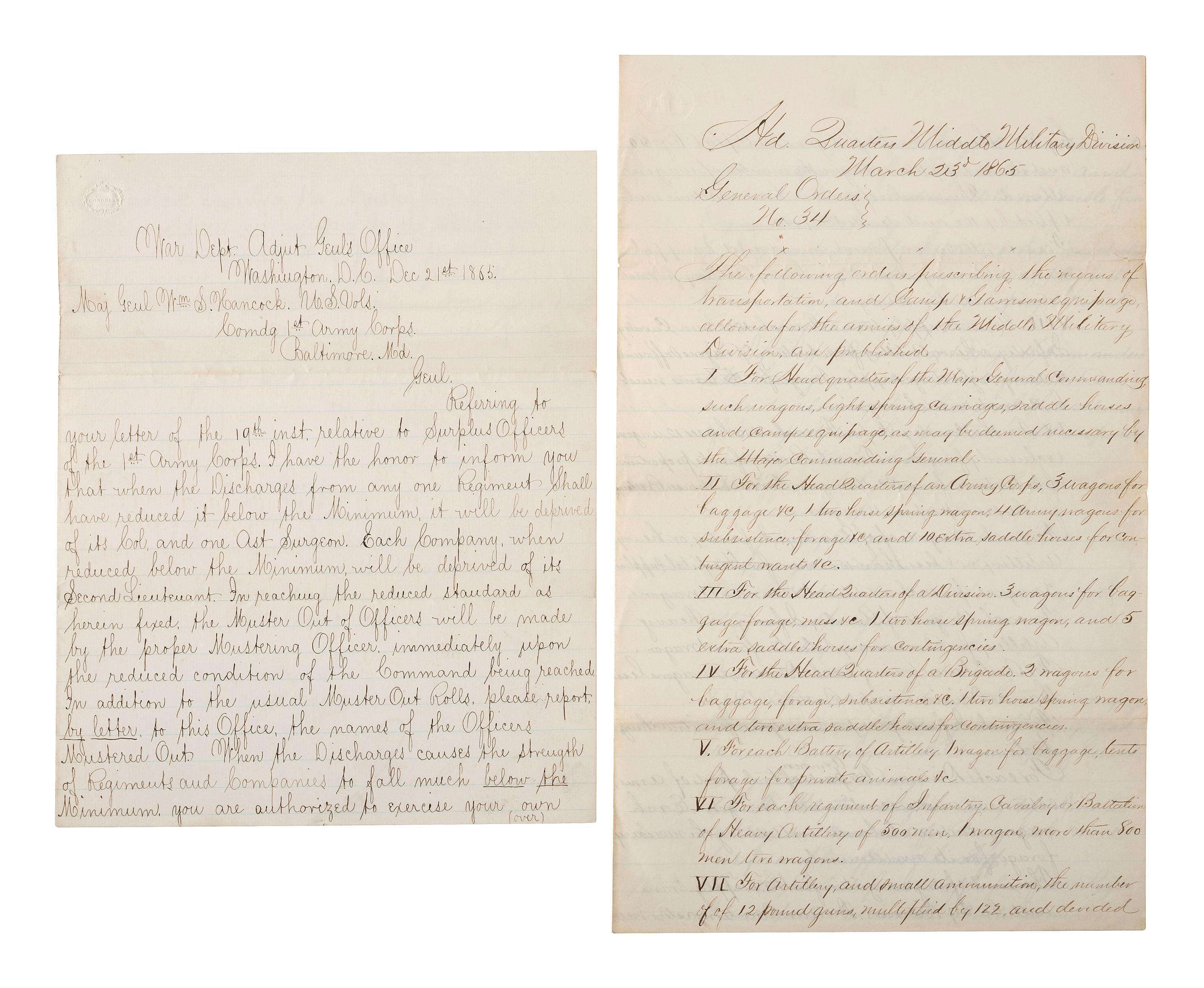 [CIVIL WAR]. 2 manuscript documents issued by Major General William S. Hancock.
