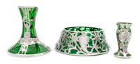 Three Silver Overlay Glass Articles Diameter of first 8 1/4 inches.