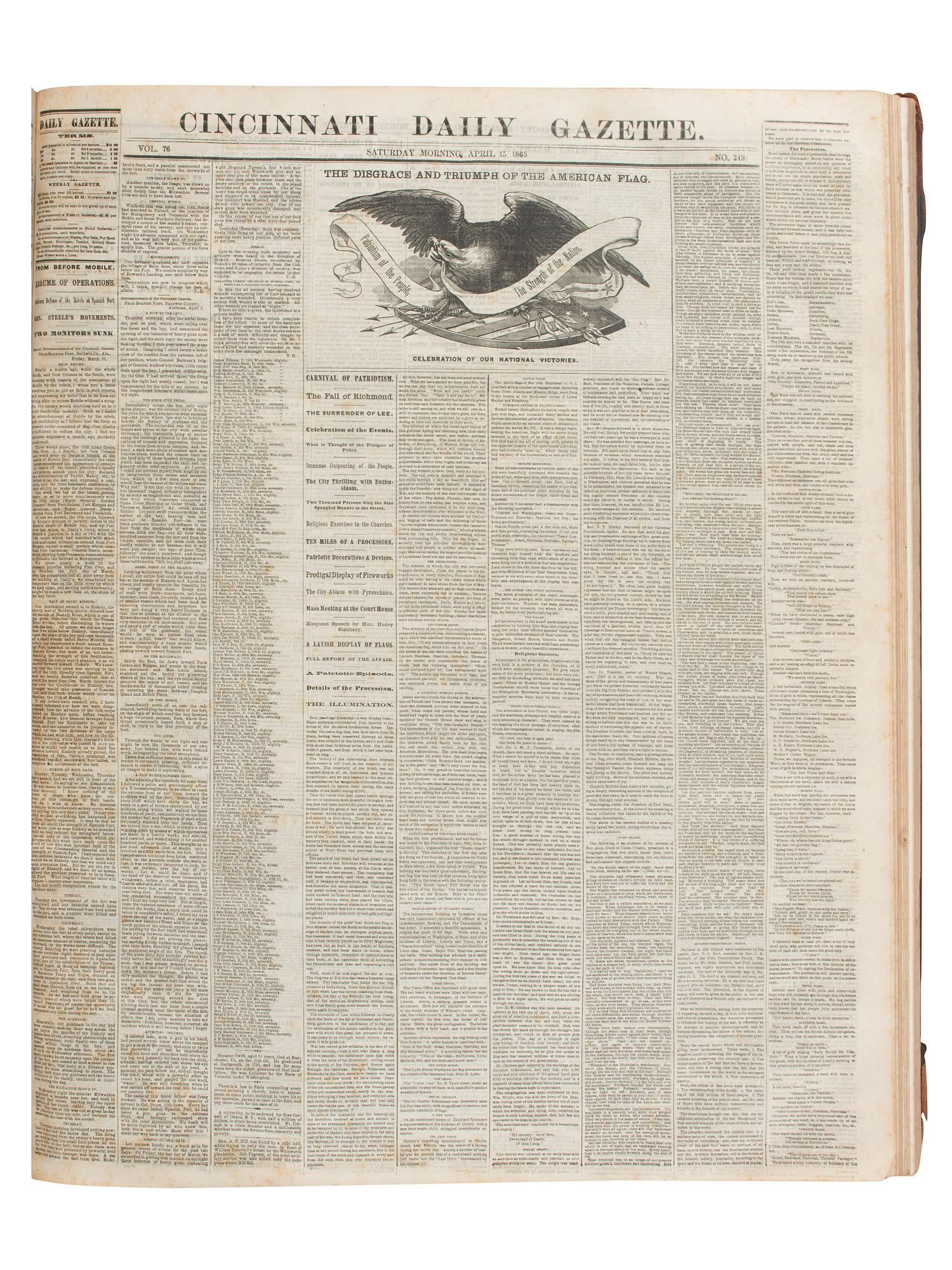 [CIVIL WAR]. Cincinnati Daily Gazette . 318 issues in 2 bound volumes. [ With :] Springfield Weekly Republic . 122 issues. Springfield, OH, 1864-1865. and Lancaster Gazette . 95 issues. Lancaster, OH, 1866-1867.