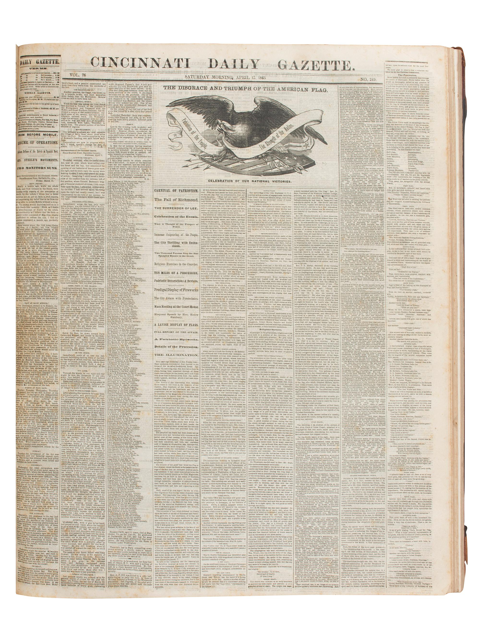 [CIVIL WAR]. Cincinnati Daily Gazette . 318 issues in 2 bound volumes. [ With :] Springfield Weekly Republic . 122 issues. Springfield, OH, 1864-1865. and Lancaster Gazette . 95 issues. Lancaster, OH, 1866-1867.