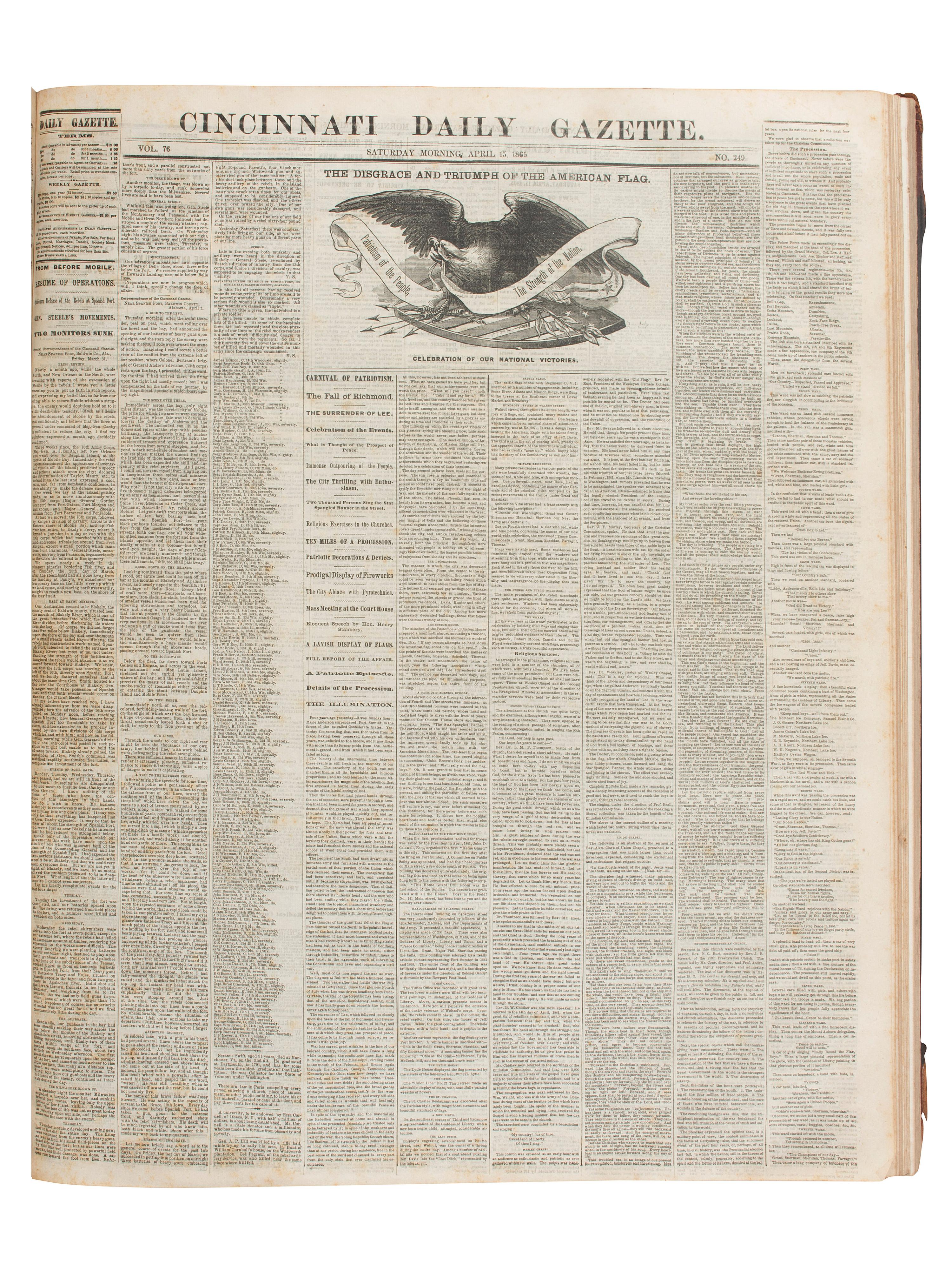 [CIVIL WAR]. Cincinnati Daily Gazette . 318 issues in 2 bound volumes. [ With :] Springfield Weekly Republic . 122 issues. Springfield, OH, 1864-1865. and Lancaster Gazette . 95 issues. Lancaster, OH, 1866-1867.