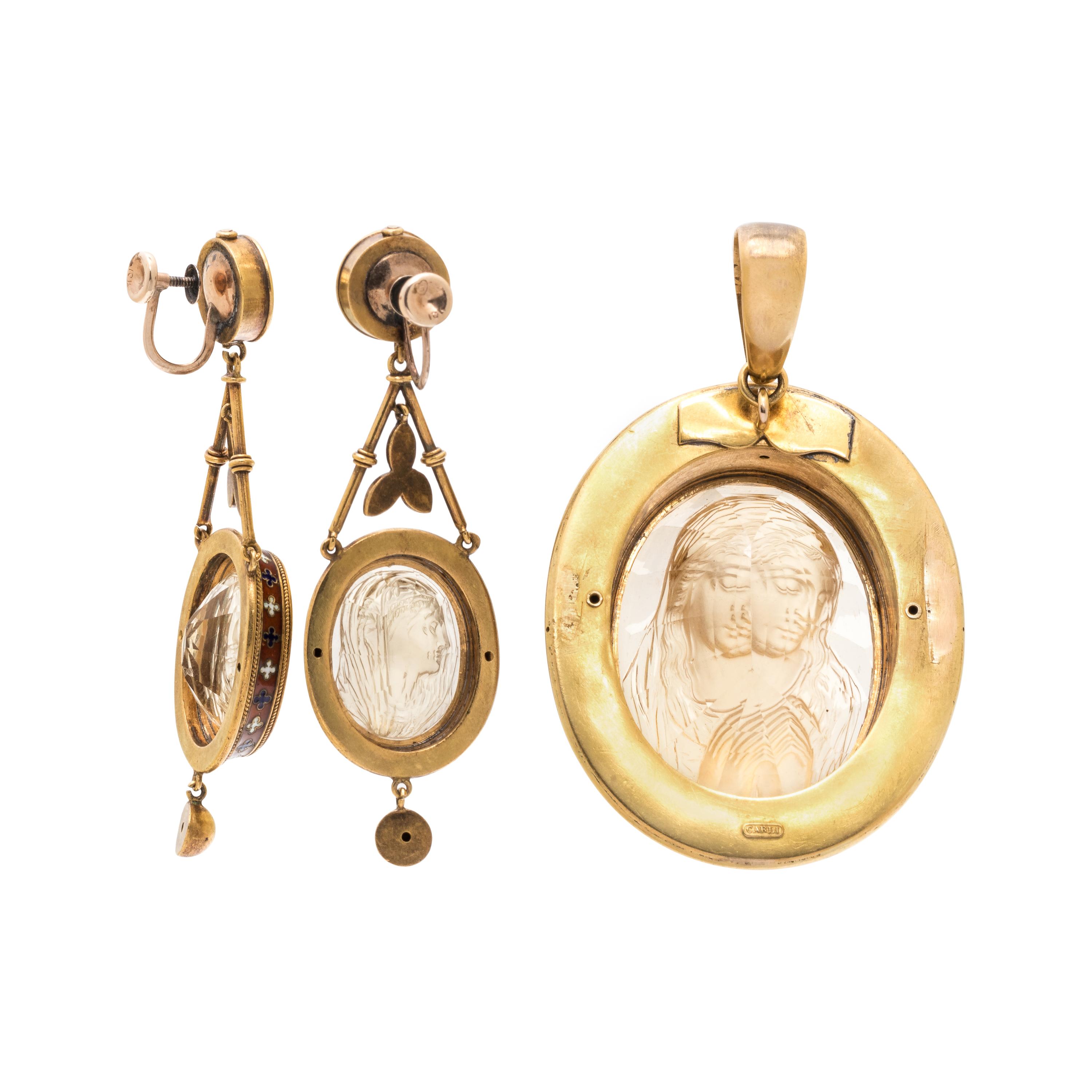 CARLI, GOTHIC REVIVAL, CARVED QUARTZ AND ENAMEL SET