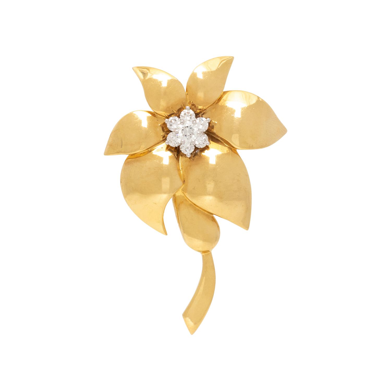 YELLOW GOLD AND DIAMOND FLOWER BROOCH