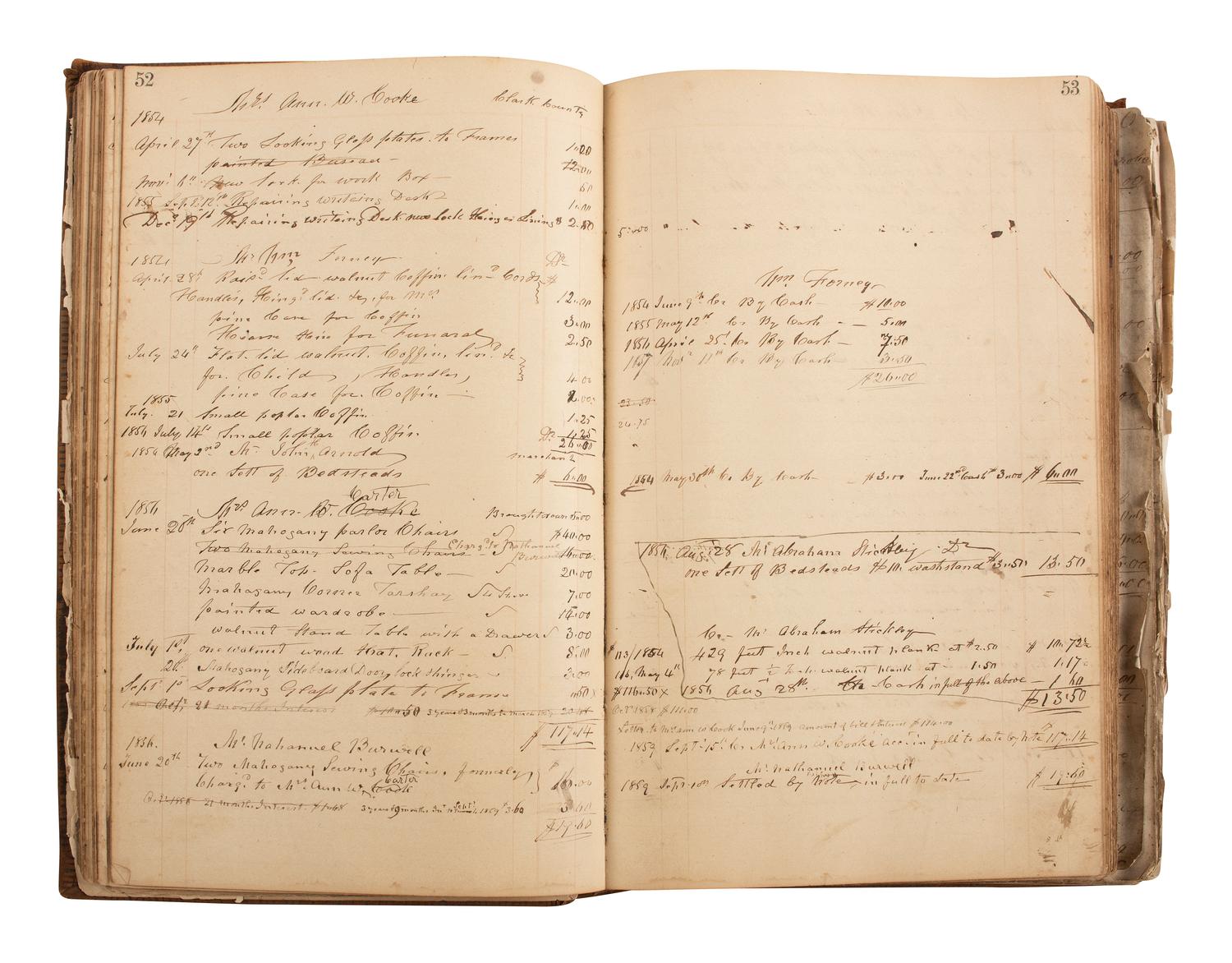[CIVIL WAR]. Ledger book associated with Winchester, Virginia, cabinet maker John Kerr (1797-1875), documenting coffins built and sold for Union and Confederate soldiers as well as other wartime activity.