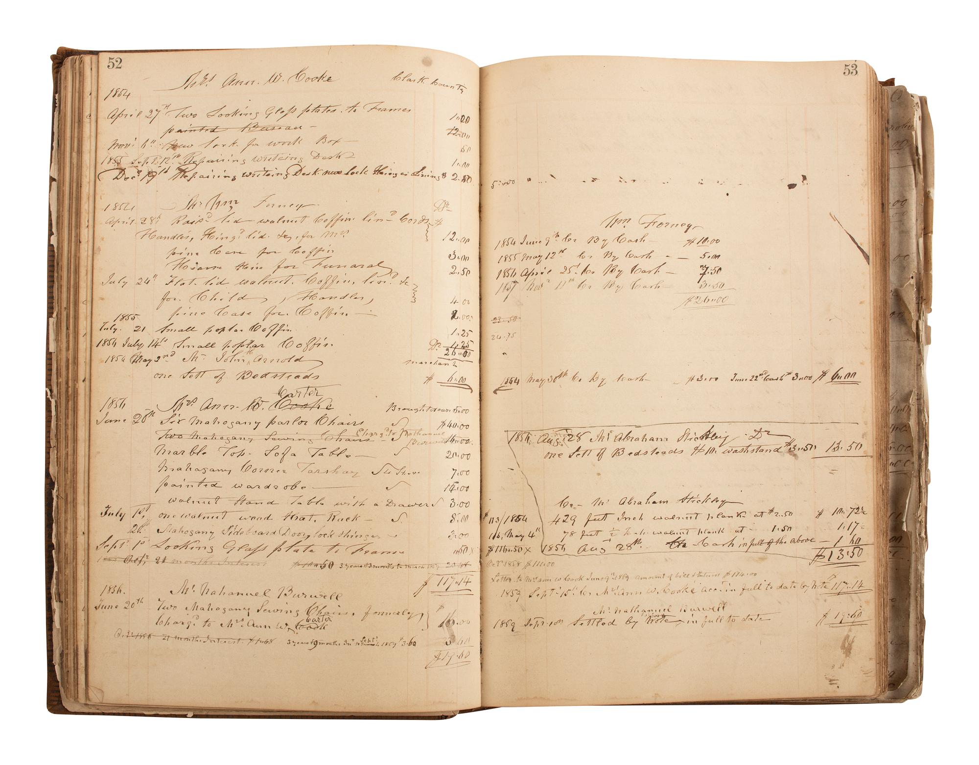 [CIVIL WAR]. Ledger book associated with Winchester, Virginia, cabinet maker John Kerr (1797-1875), documenting coffins built and sold for Union and Confederate soldiers as well as other wartime activity.