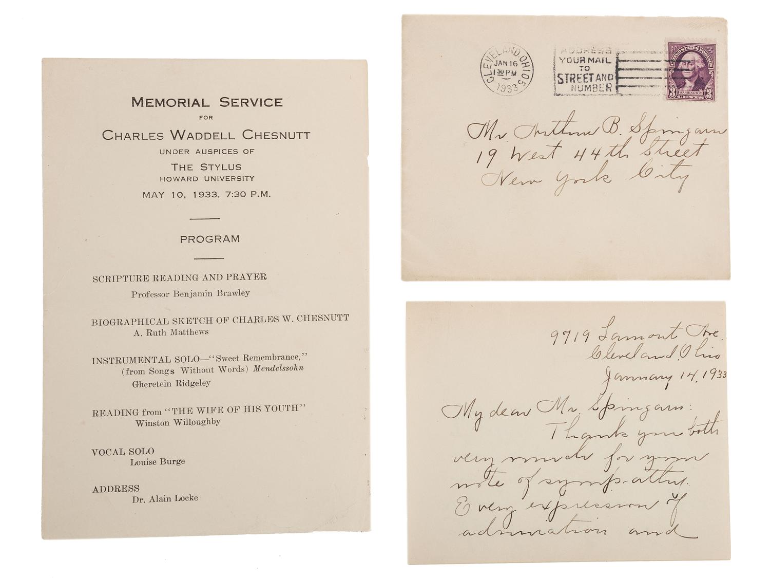 [CHESNUTT, Charles (1858-1932)]. A group of 3 items related to Charles Chesnutt, incl. Howard University programs and ALS from Susan V. Chesnutt to head of NAACP Arthur Spingarn.