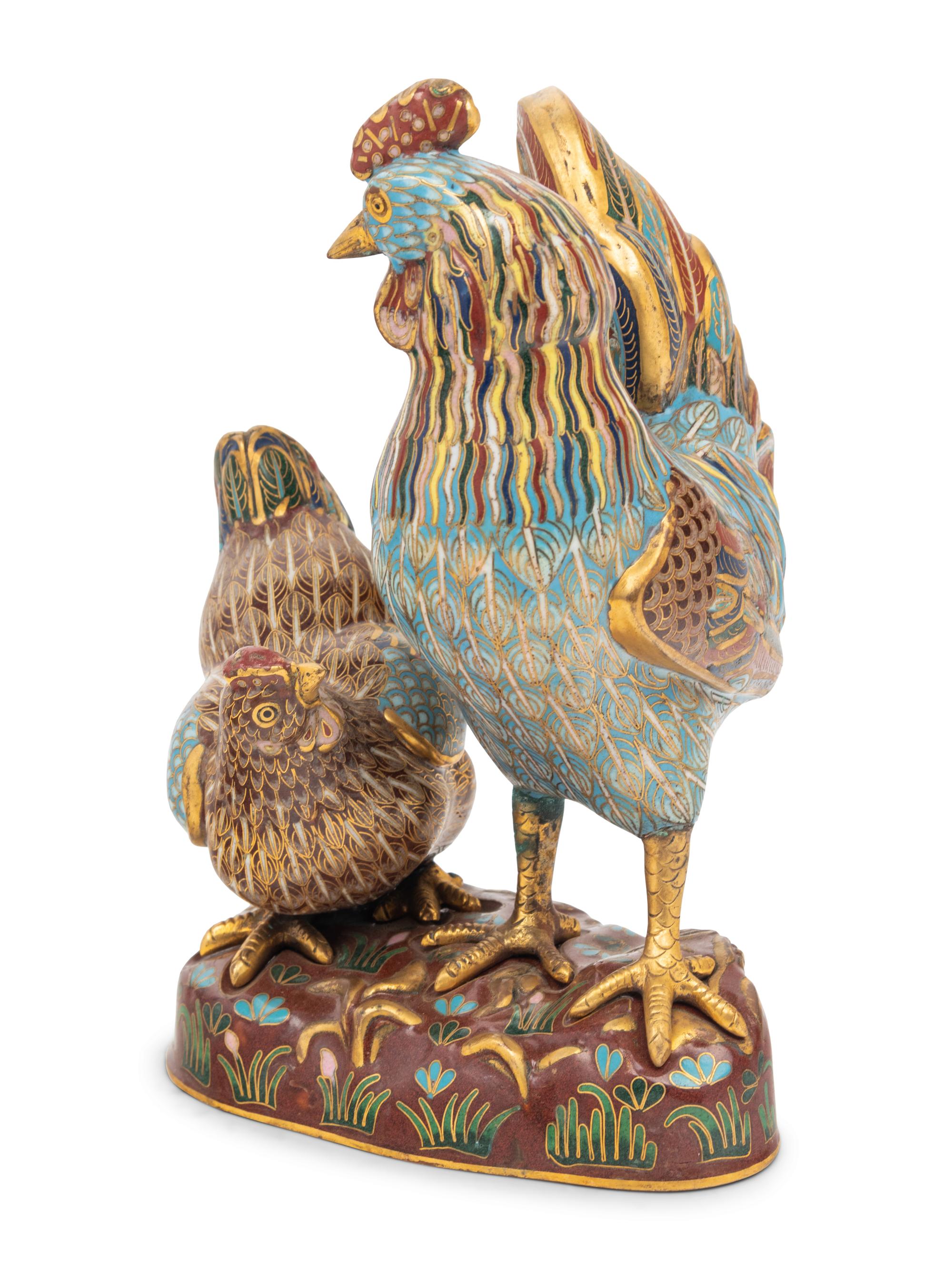 A Chinese Cloisonne Enamel 'Rooster' Group