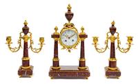 A French Gilt Bronze and Marble Clock Garniture Height of mantel clock 15 1/2 inches. — LATE 19TH CENTURY