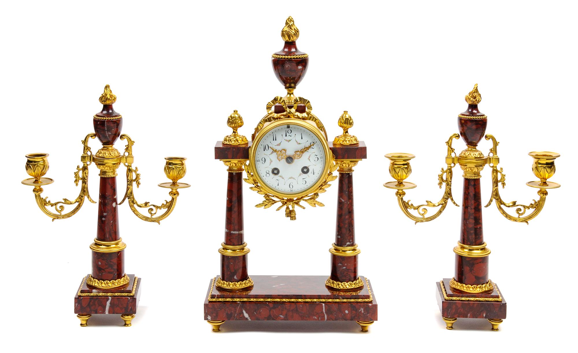 A French Gilt Bronze and Marble Clock Garniture Height of mantel clock 15 1/2 inches. — LATE 19TH CENTURY