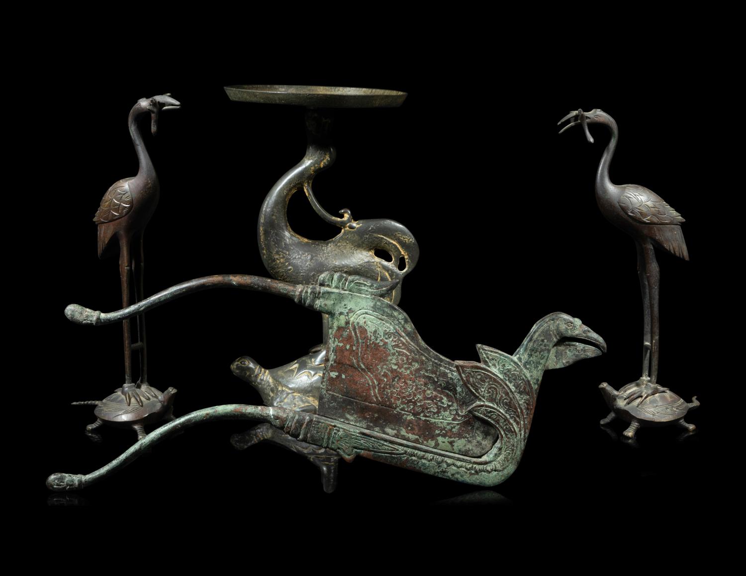 Four Chinese Bronze 'Crane' Articles