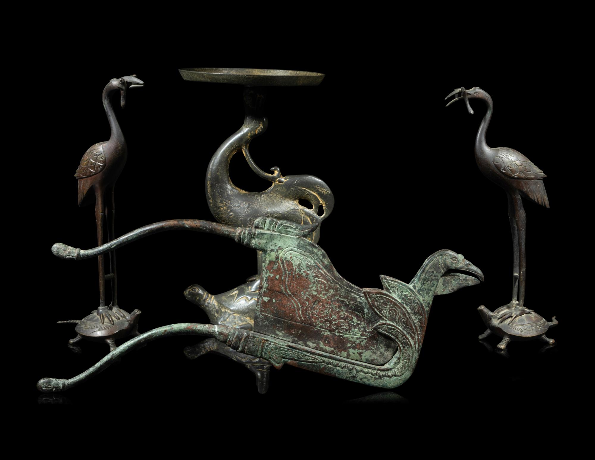 Four Chinese Bronze 'Crane' Articles