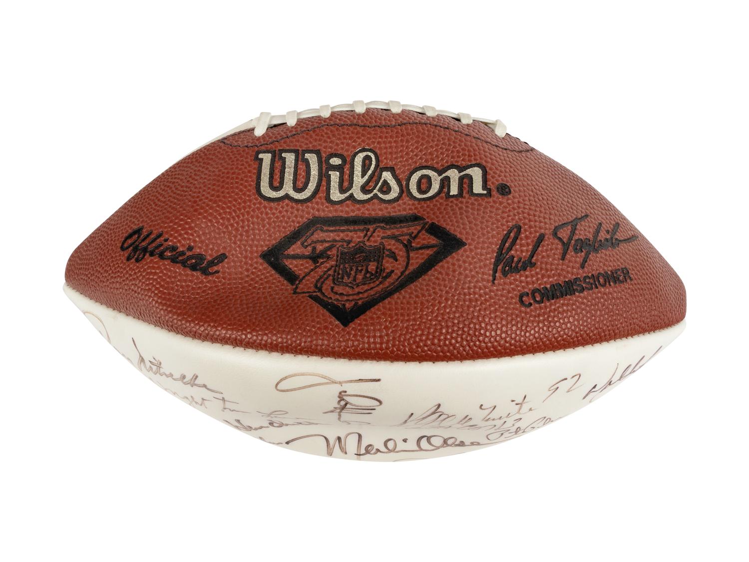 Mike Ditka’s Personally Owned NFL 75th Anniversary All Time Team Football Signed by Various Players Formerly Displayed at Mike Ditka's Restaurant