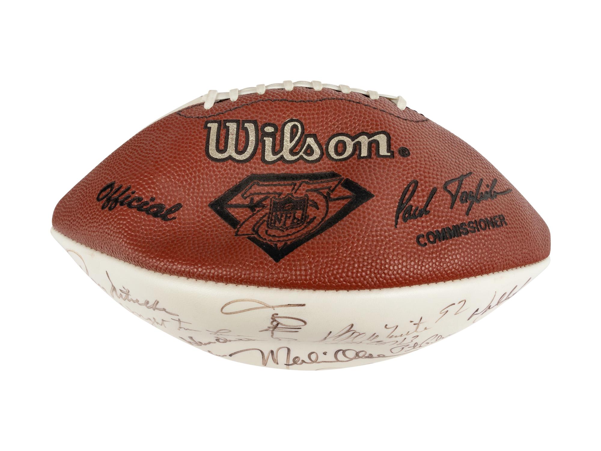 Mike Ditka’s Personally Owned NFL 75th Anniversary All Time Team Football Signed by Various Players Formerly Displayed at Mike Ditka's Restaurant
