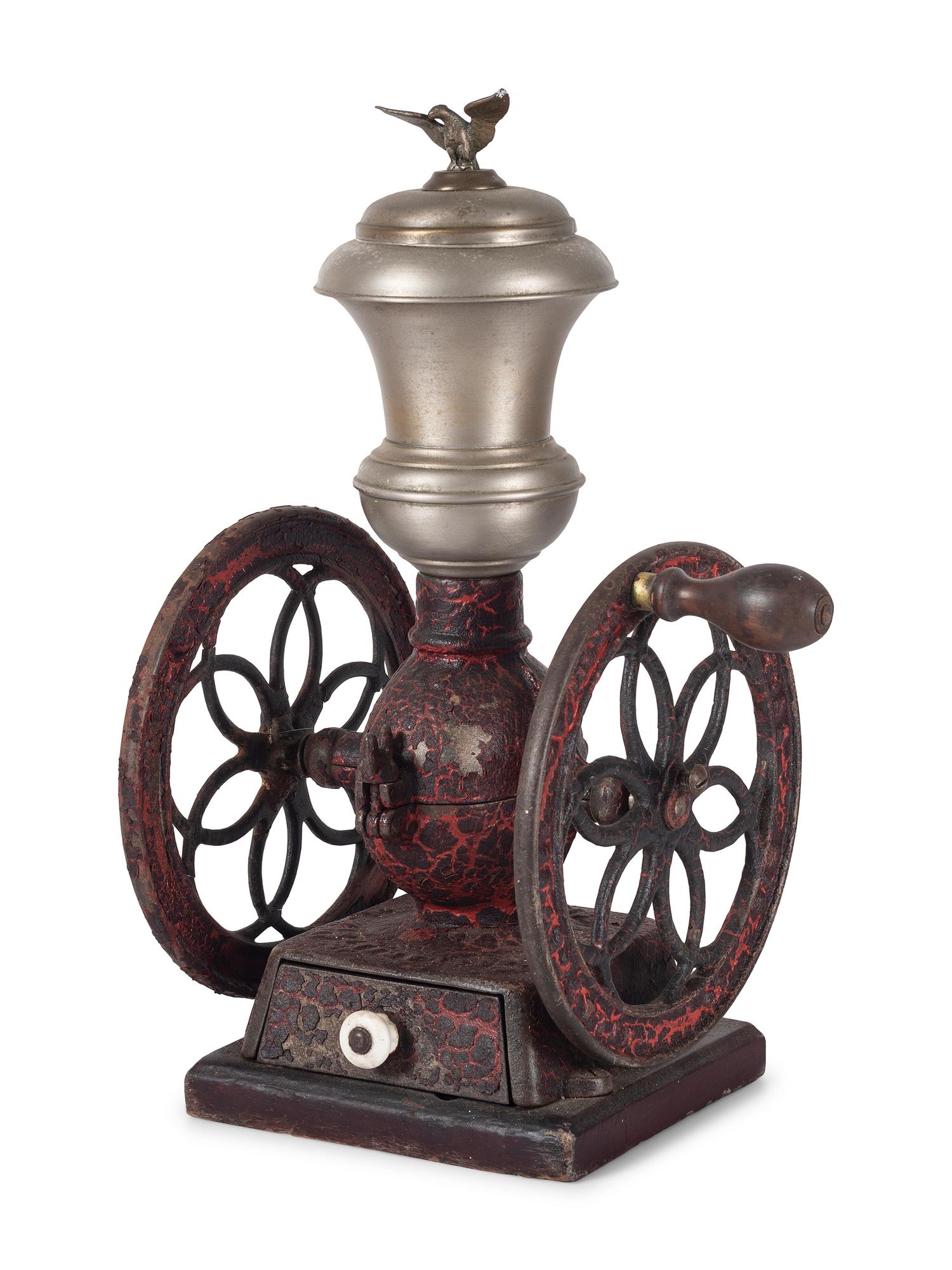 Two Enterprise Painted Cast Iron Coffee Mills with Eagle Finials