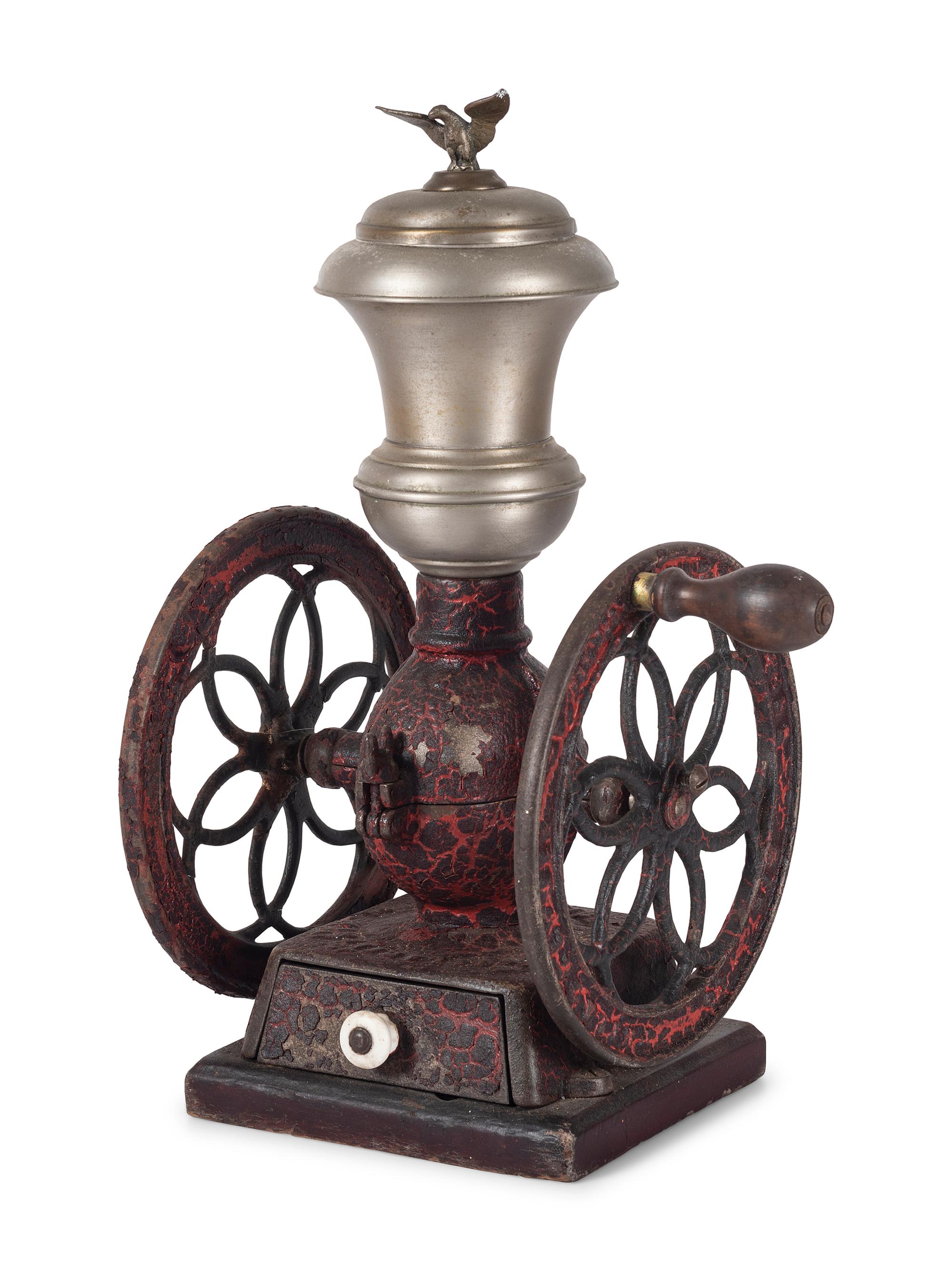 Two Enterprise Painted Cast Iron Coffee Mills with Eagle Finials