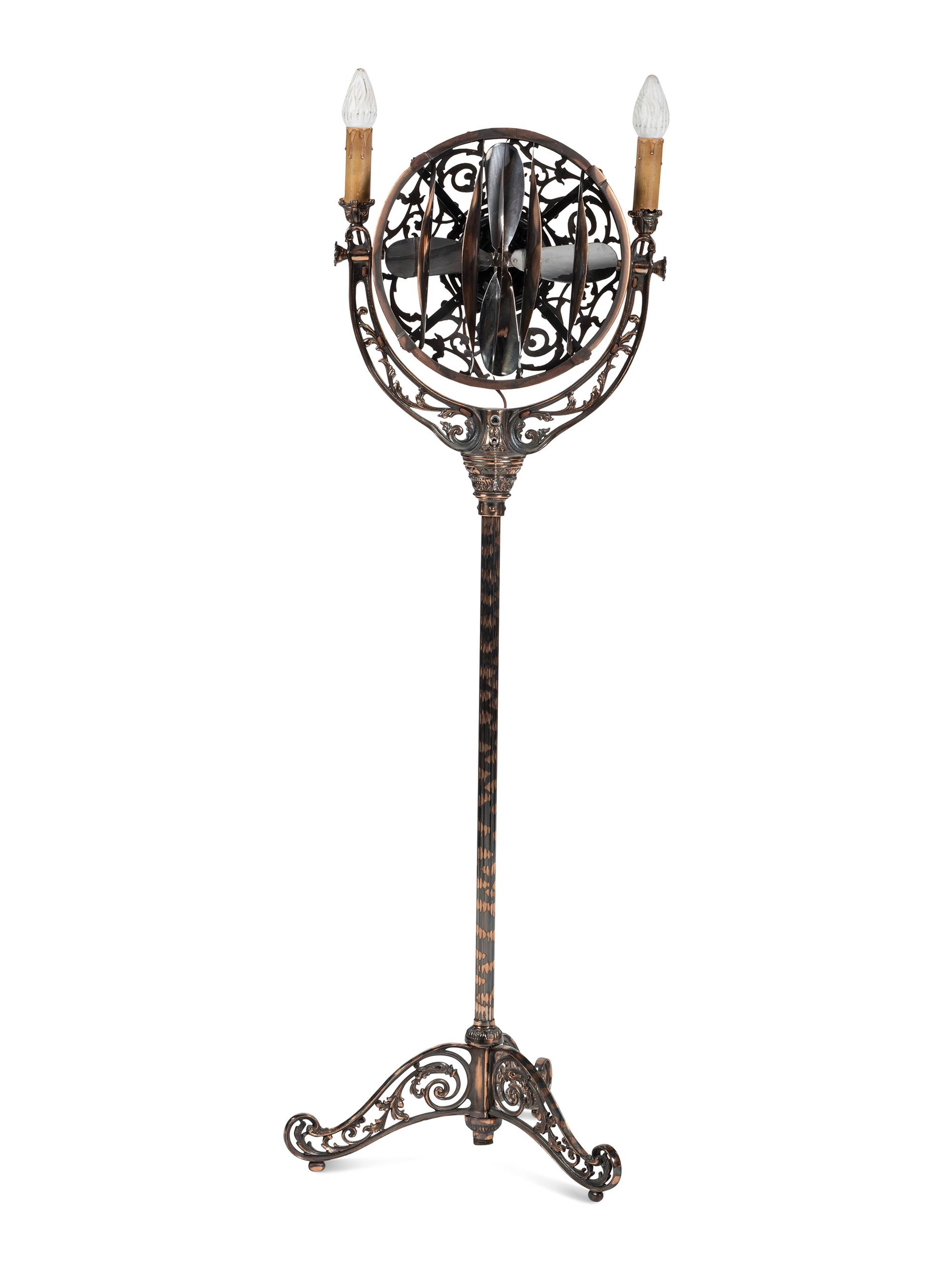 A Luminaire Cast and Patinated Metal Two-Light Funeral Parlor Fan