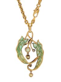 EVELYN CLOTHIER, PLIQUE-À-JOUR ENAMEL, GREEN SAPPHIRE AND DIAMOND PENDANT/NECKLACE