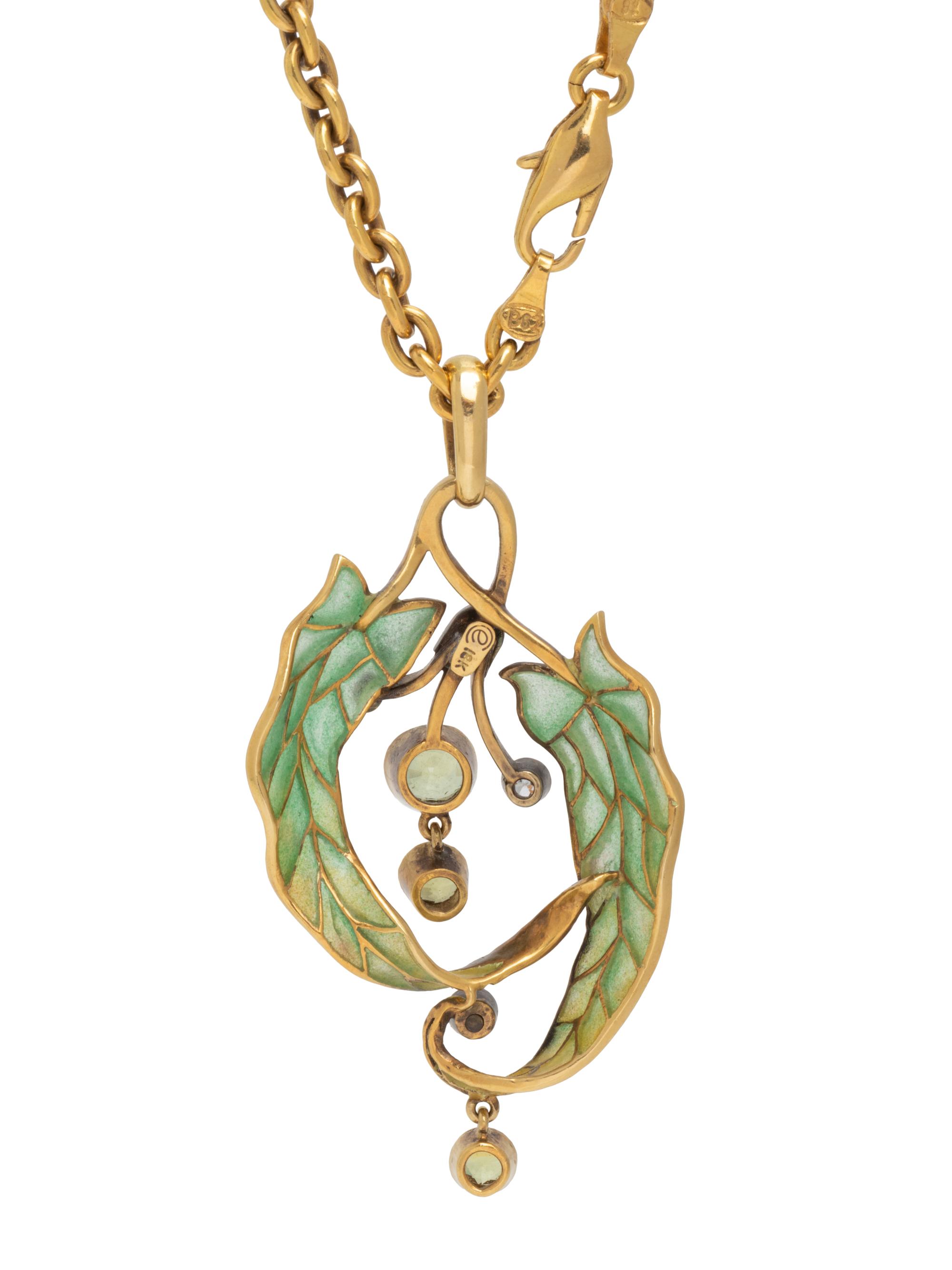 EVELYN CLOTHIER, PLIQUE-À-JOUR ENAMEL, GREEN SAPPHIRE AND DIAMOND PENDANT/NECKLACE