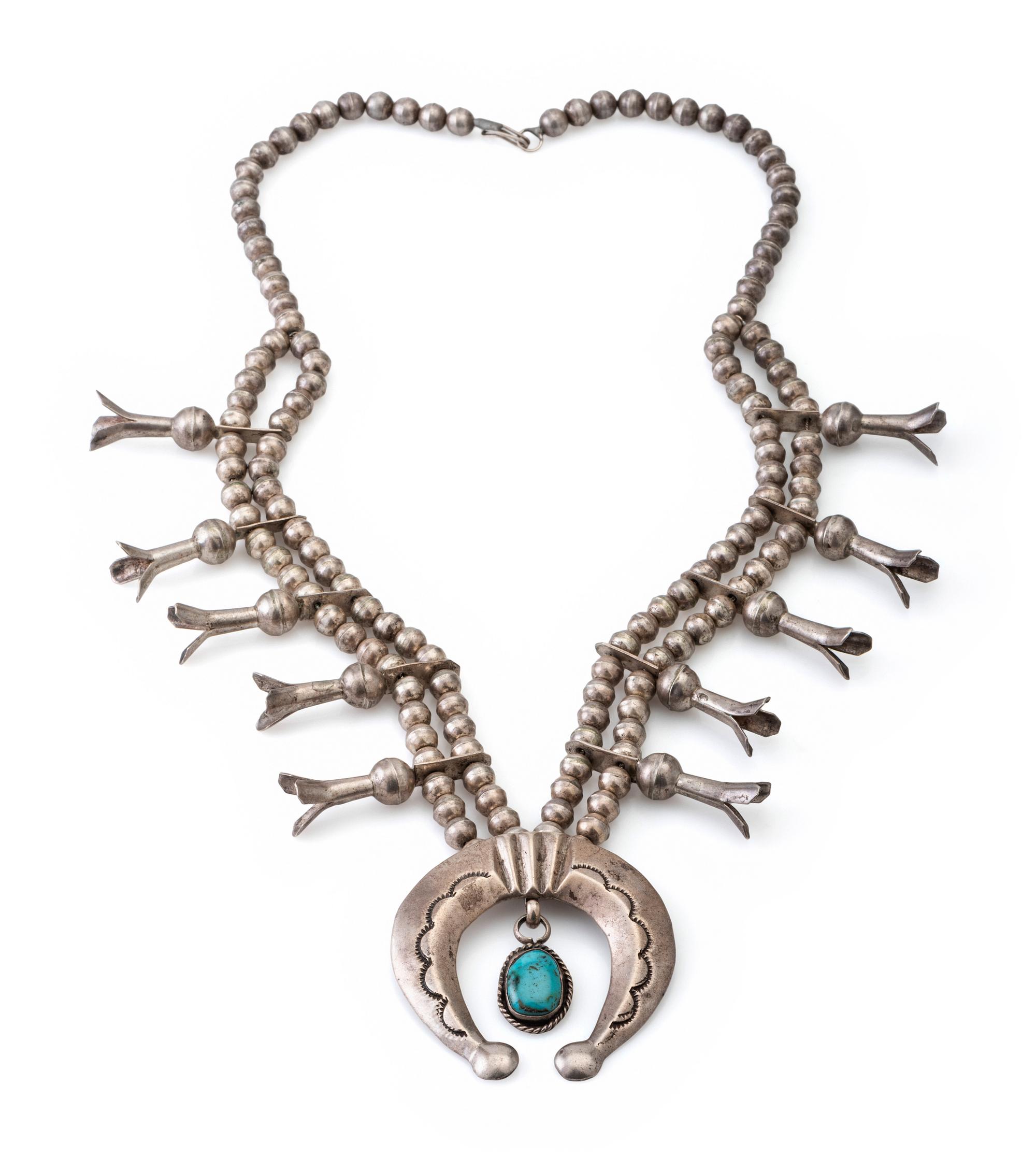 Navajo Silver and Turquoise Squash Blossom Necklace