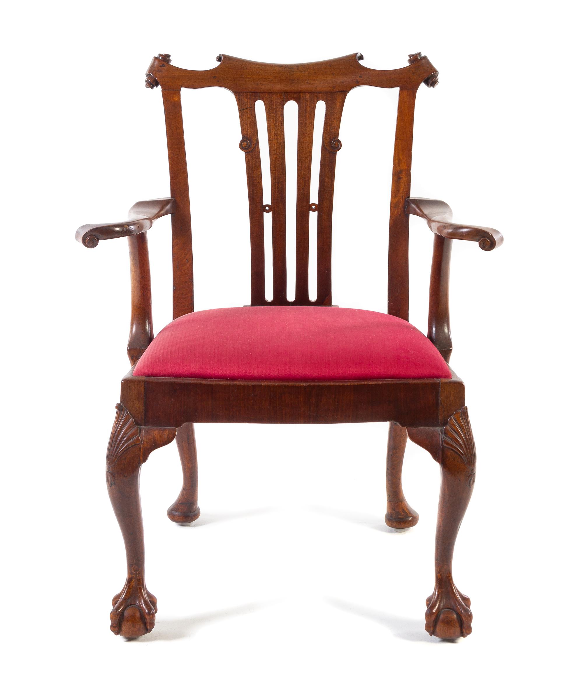 A Chippendale Mahogany Armchair Height 39 x width 30 x depth 22 1/2 inches. — PROBABLY PENNSYLVANIA, 18TH CENTURY