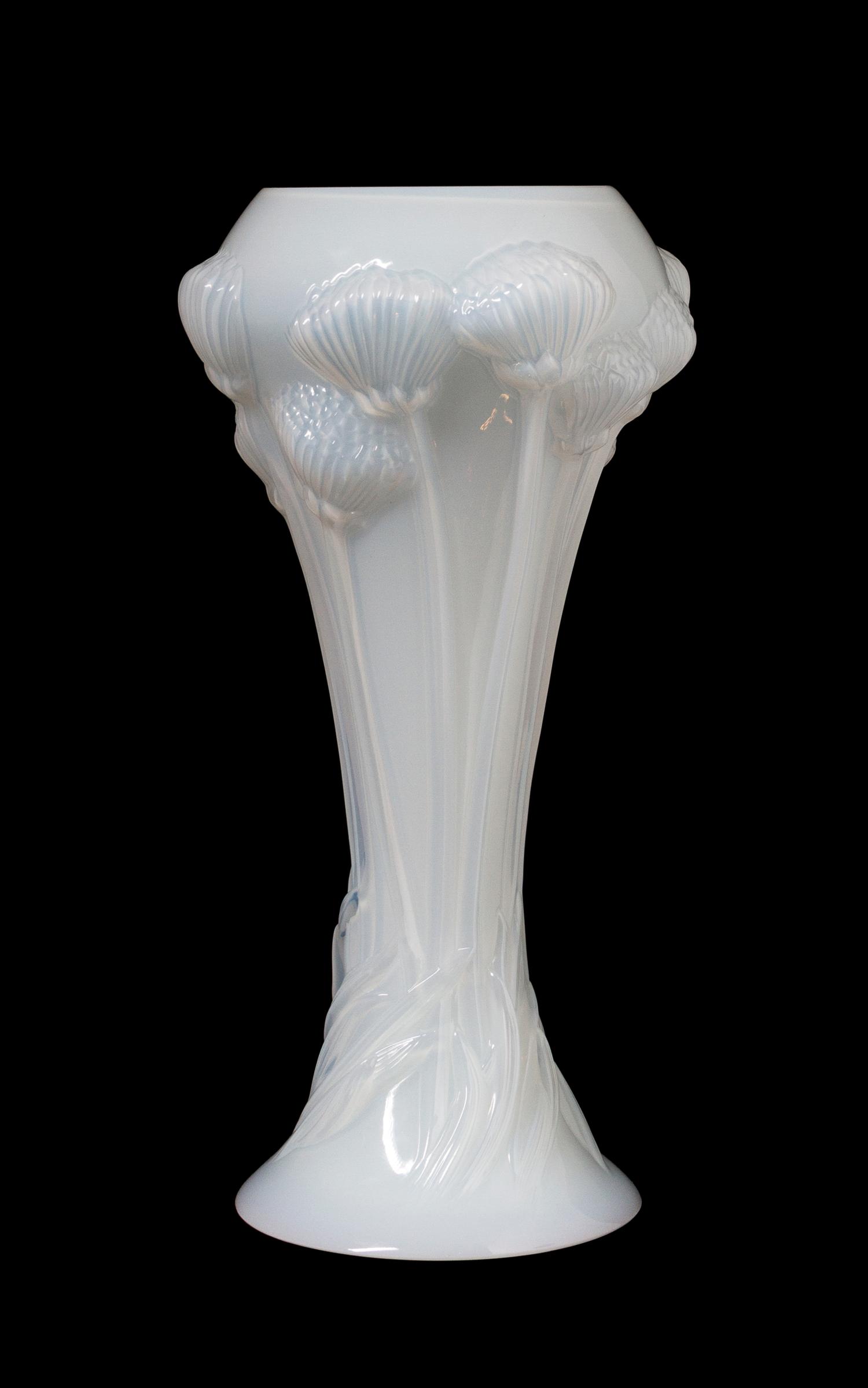 A Lalique Opalescent Glass Vase, Height 14 3/8 inches.