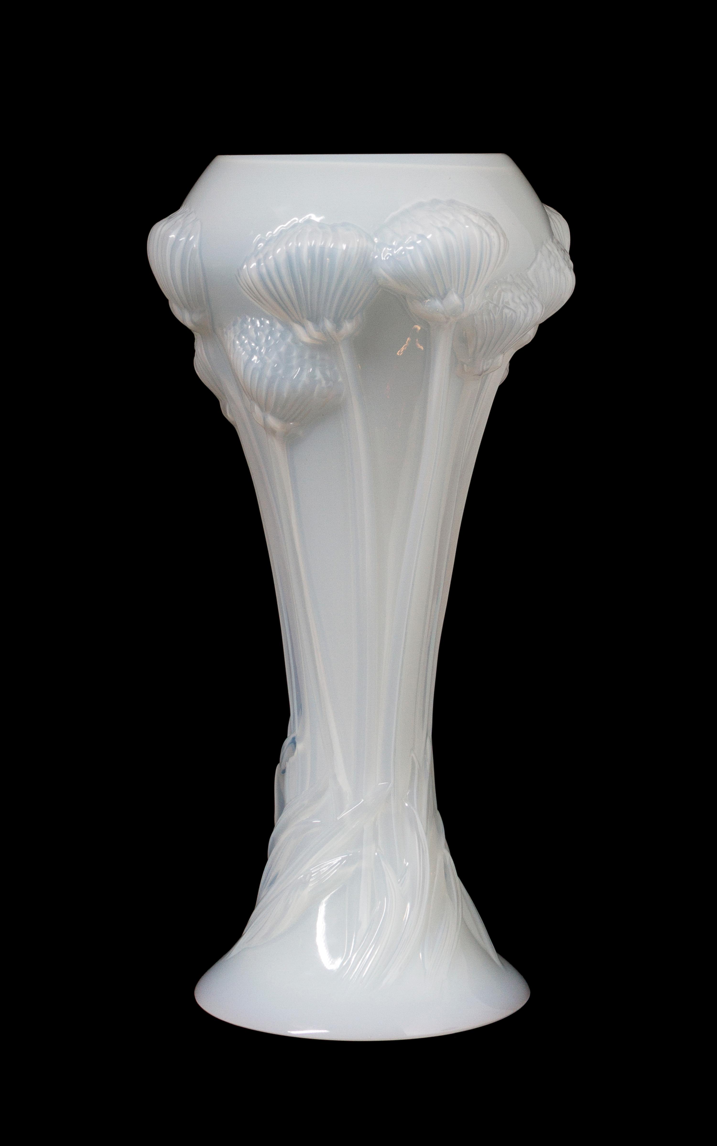 A Lalique Opalescent Glass Vase, Height 14 3/8 inches.