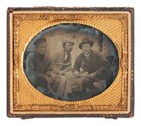 [EARLY PHOTOGRAPHY]. Sixth plate ambrotype of fishermen posed humorously. [ With: ] Cabinet card.