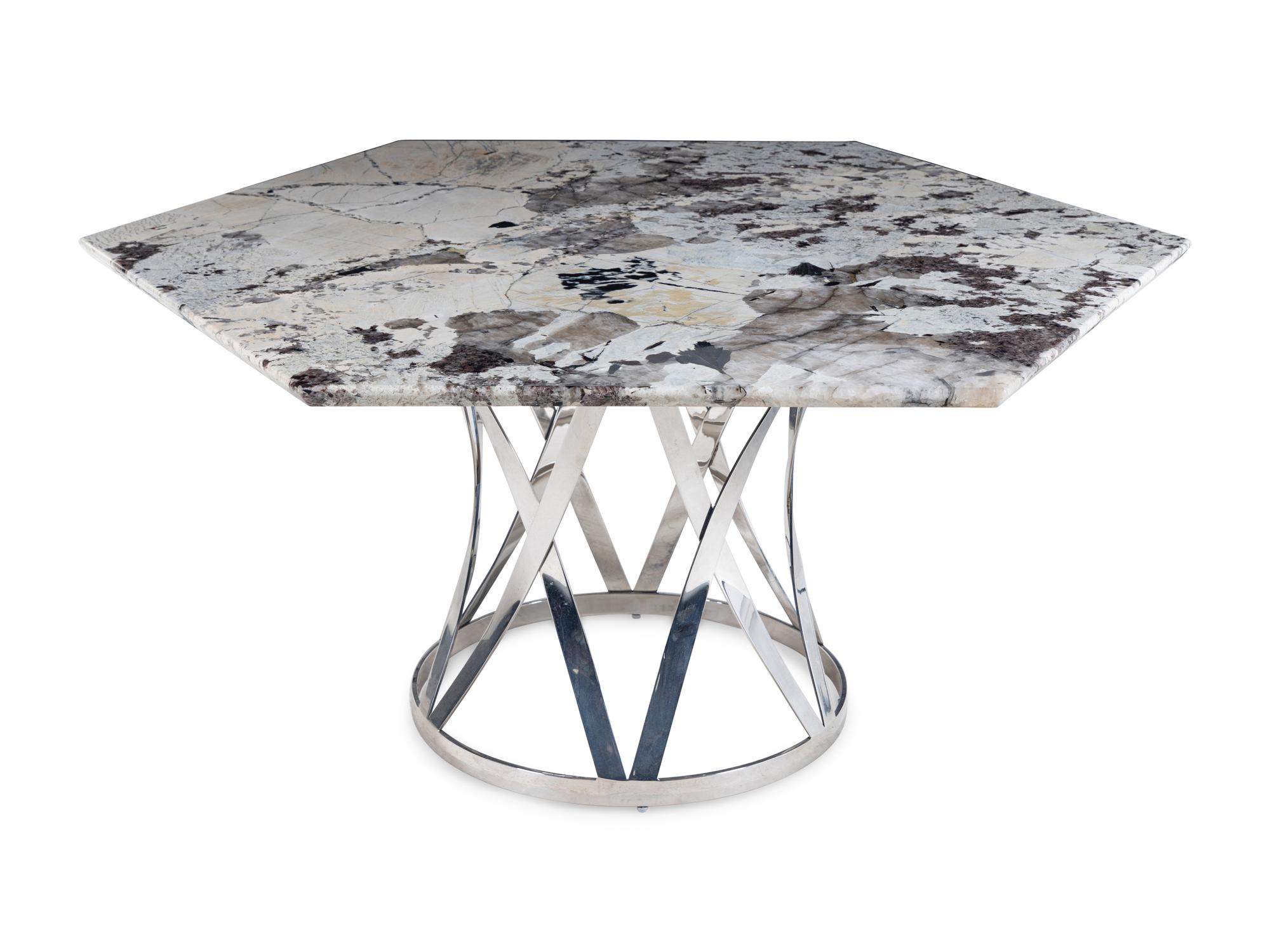 A Contemporary Chrome and Marble-Top Dining Table