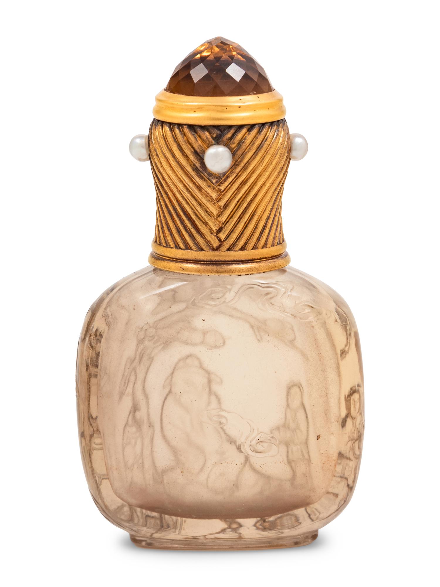 A Fabergé Yellow Gold and Pearl-Inset Mounted Carved Smokey Quartz Snuff Bottle