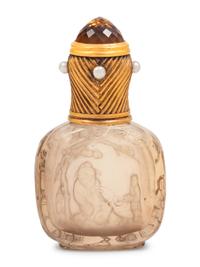 A Fabergé Yellow Gold and Pearl-Inset Mounted Carved Smokey Quartz Snuff Bottle