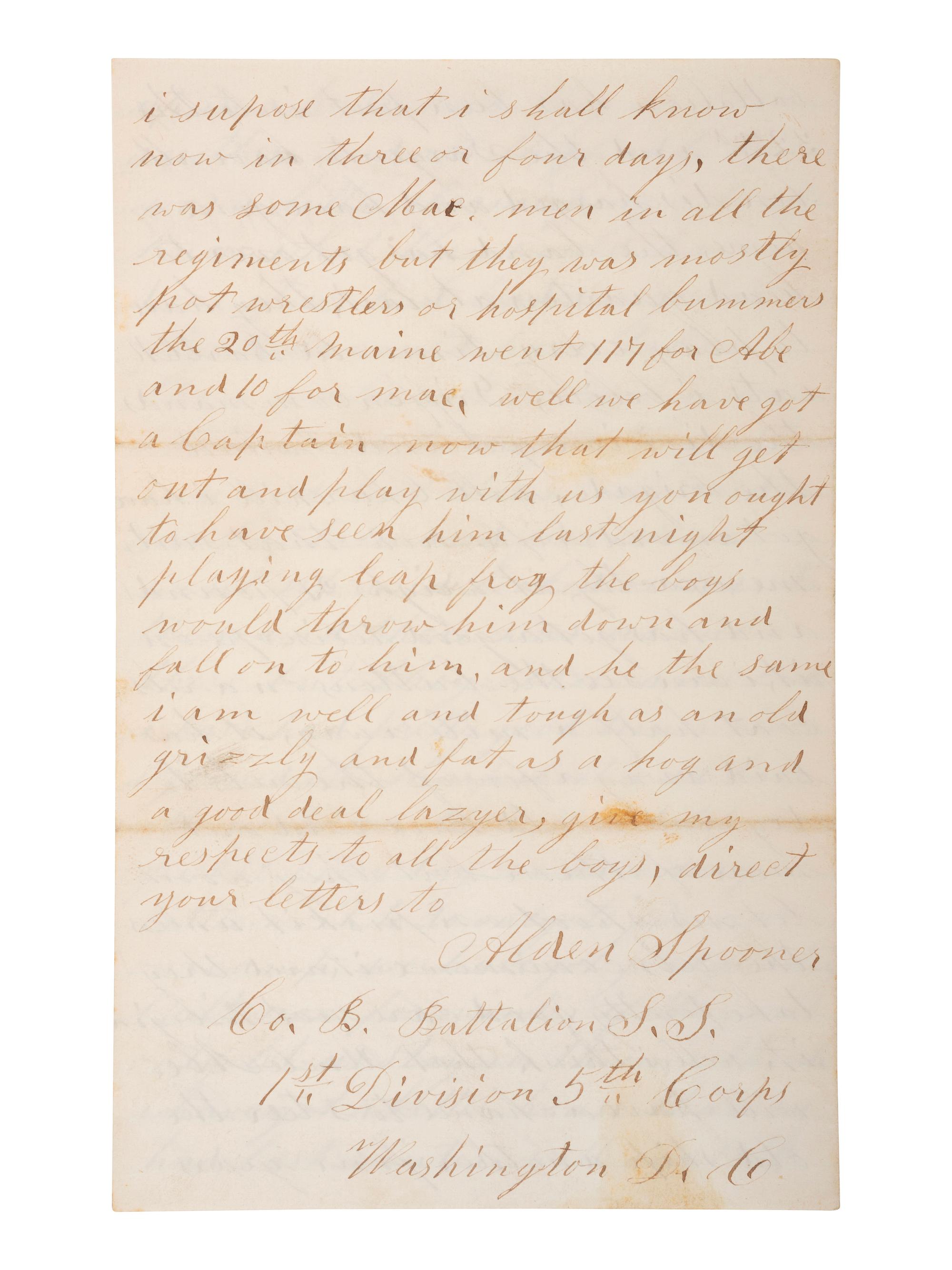 [CIVIL WAR]. Letter from a sharpshooter, 18th & 32nd MA, 1st Div., V Corps, describing his rifle.
