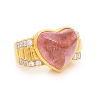 Pink Tourmaline, Diamond, and Yellow Gold Heart Ring