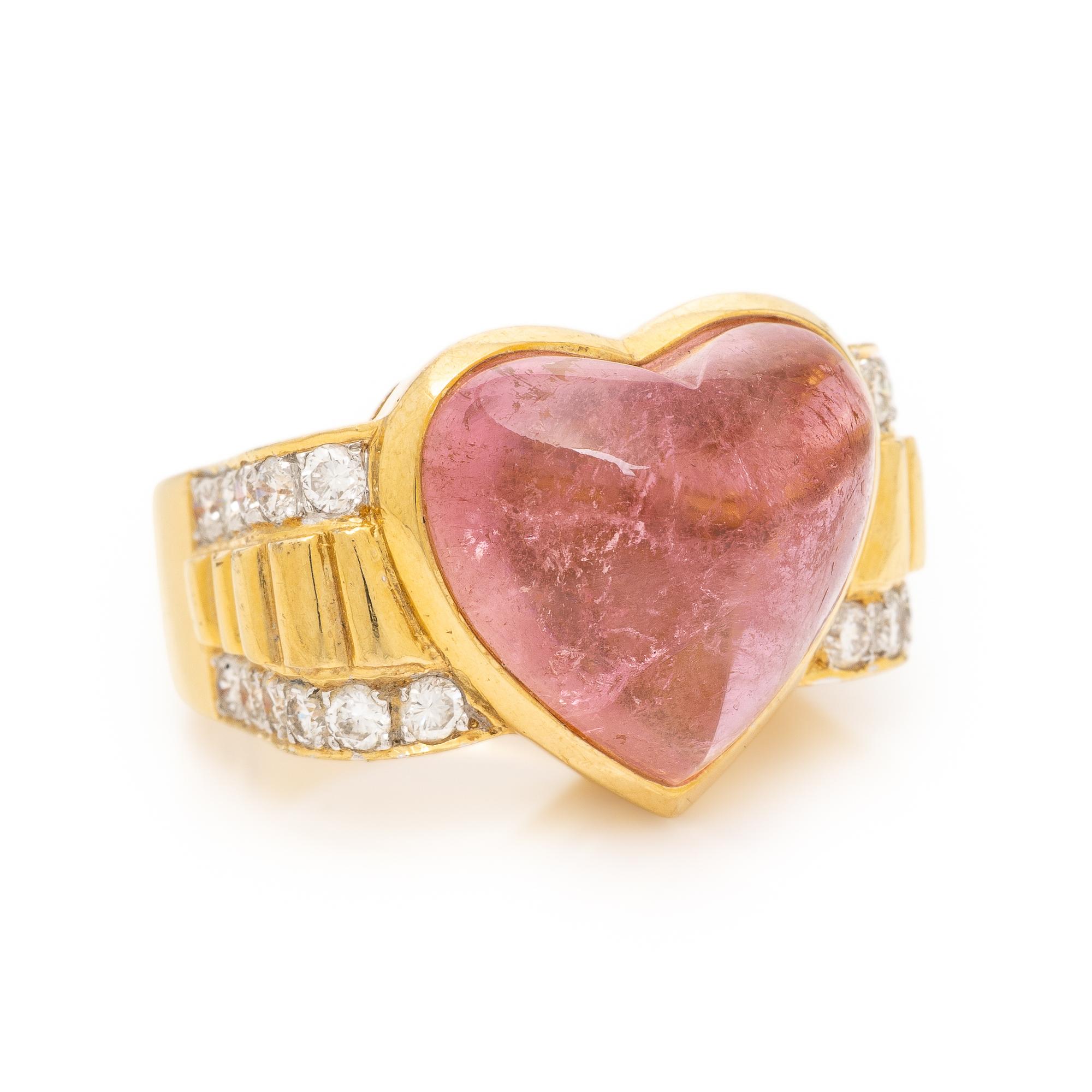 Pink Tourmaline, Diamond, and Yellow Gold Heart Ring
