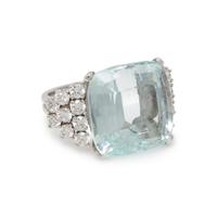 AQUAMARINE, DIAMOND, AND WHITE GOLD RING