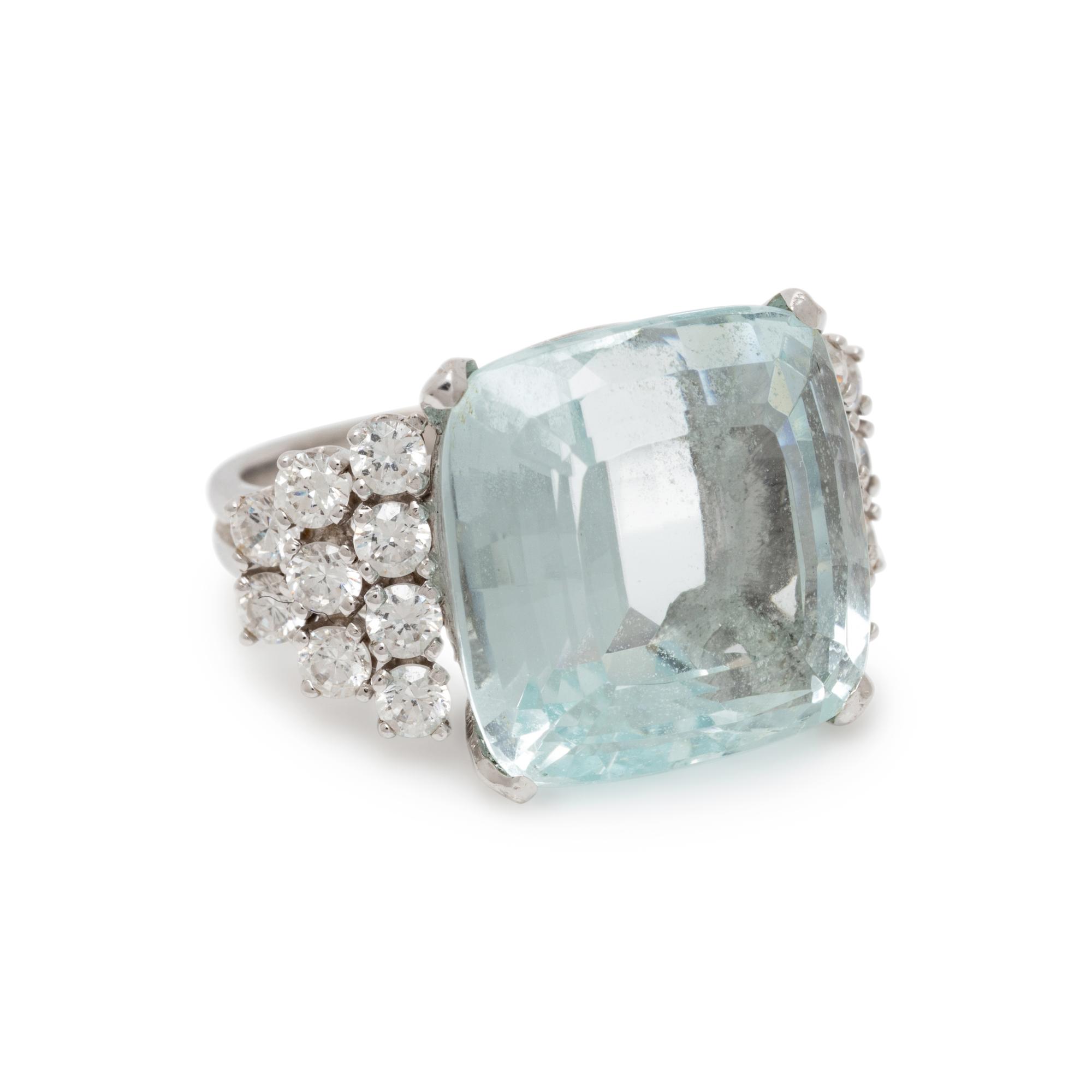 AQUAMARINE, DIAMOND, AND WHITE GOLD RING