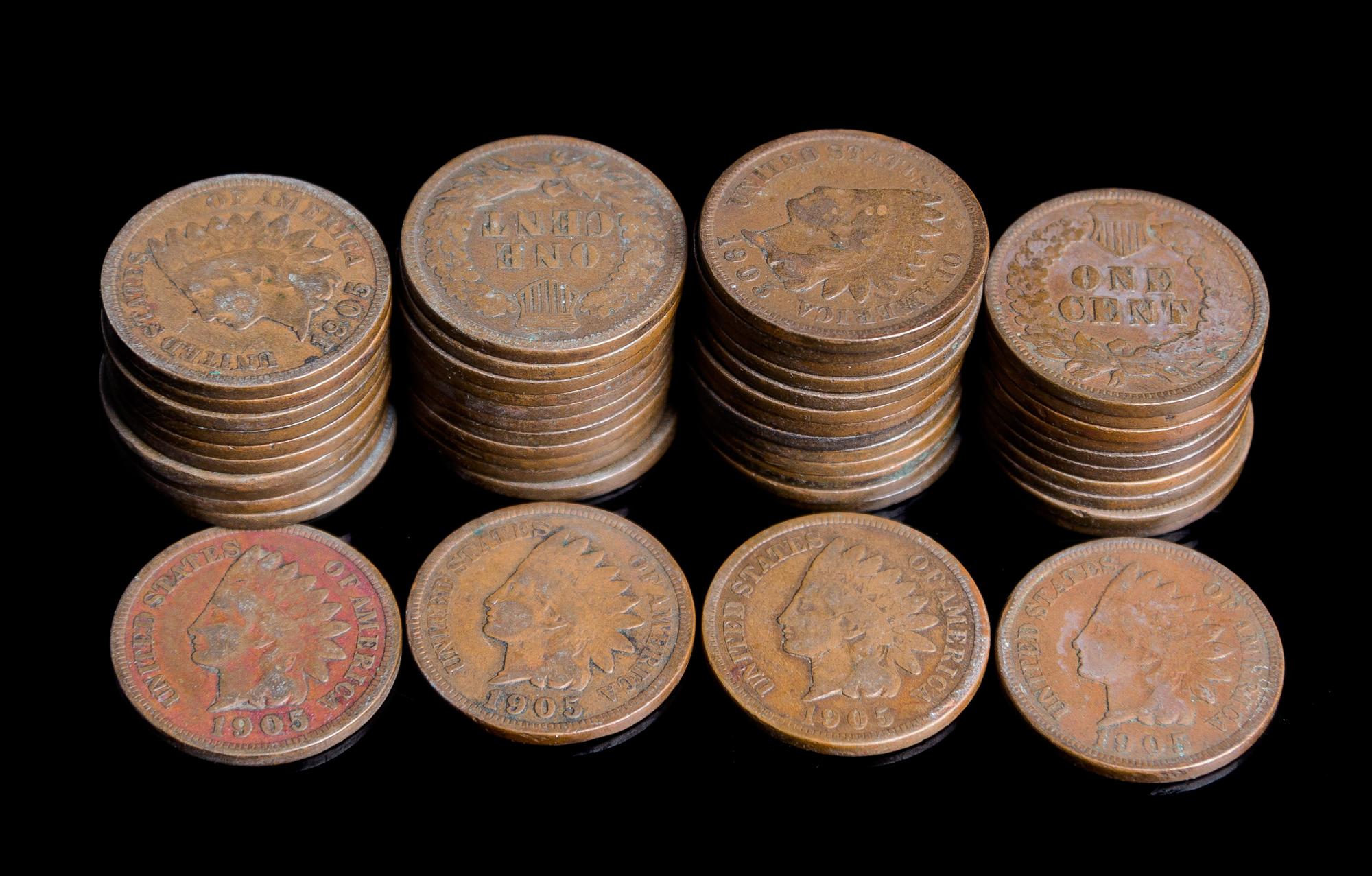 A Group of 50 United States 1905 Indian Head One Cent Coins