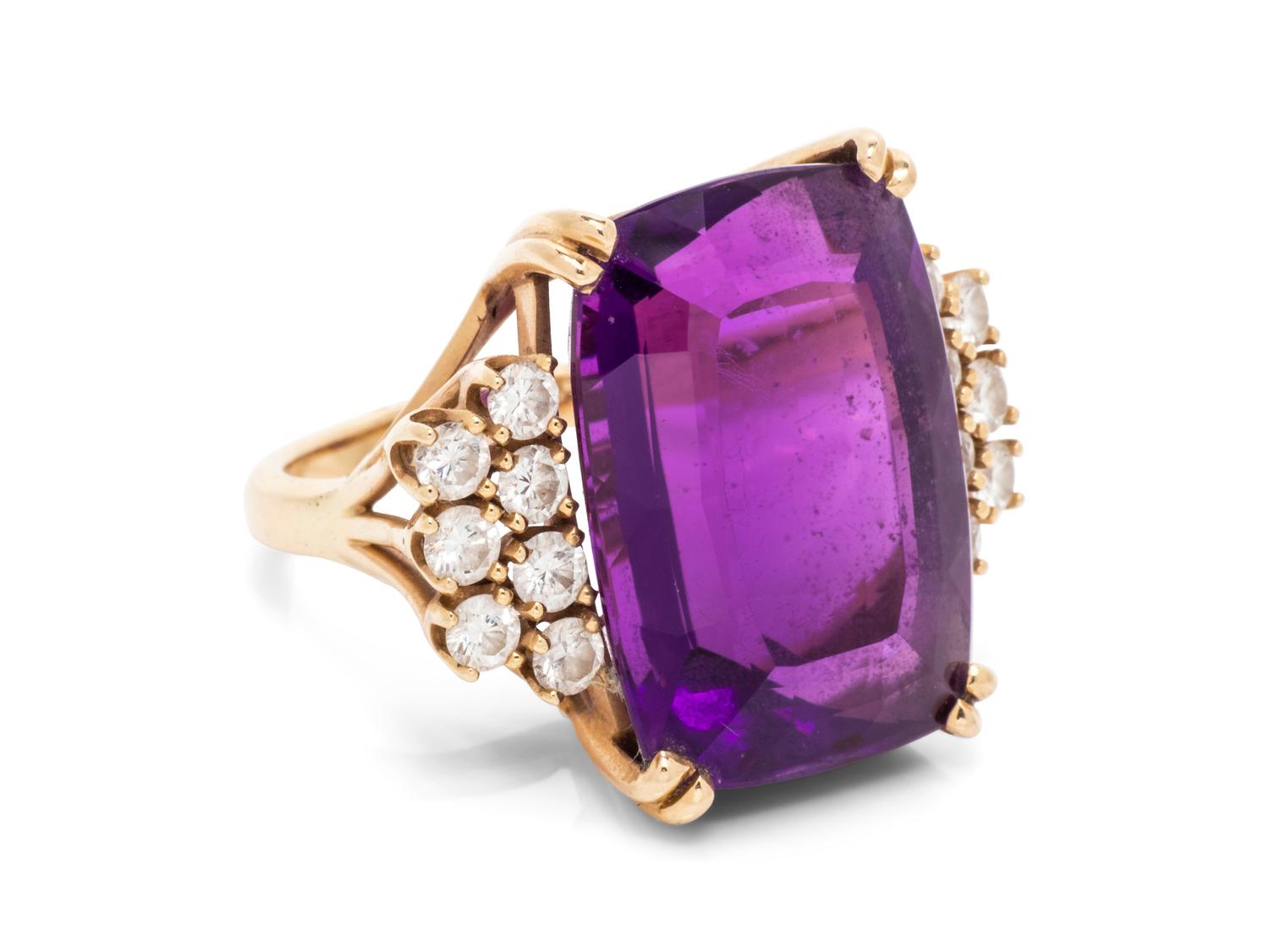 A 14 Karat Yellow Gold, Amethyst and Diamond Ring,