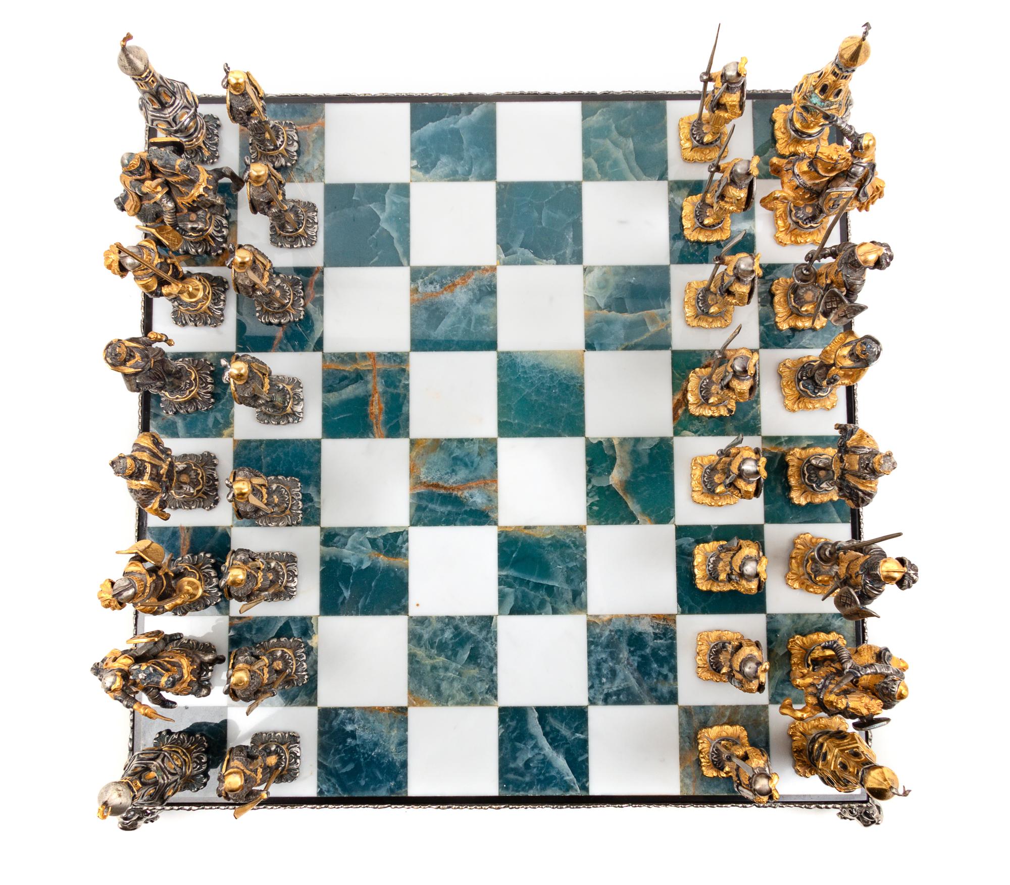 A Giuseppe Vasari Gilt and Silvered Bronze Medieval Chess Set